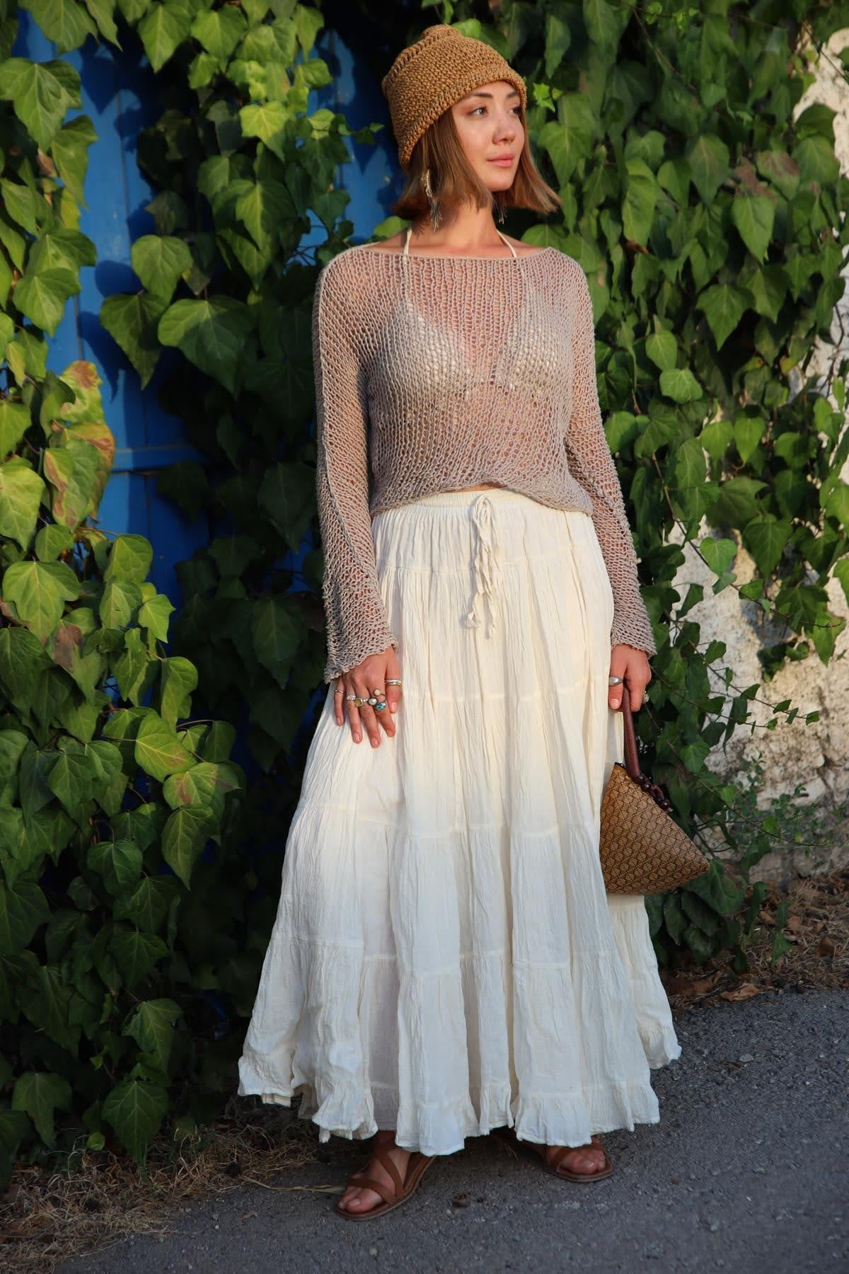 Taş Rengi El Yapımı Örme Bluz - Şaman Butik Taş Rengi El Yapımı Örme Bluz