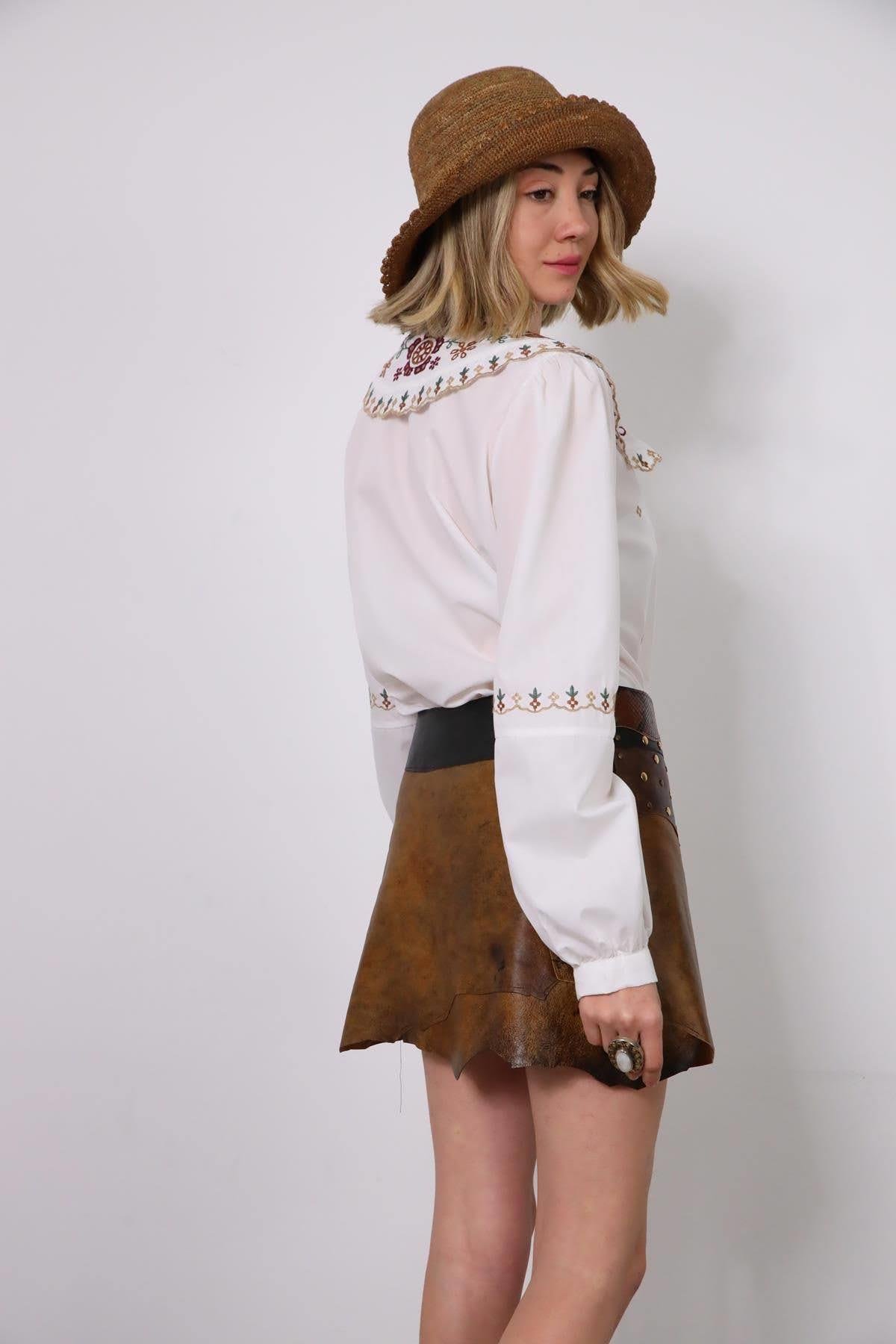 White Round Collar Embroidered Shirt - Saman Butik | Shop Online White Round Collar Embroidered Shirt