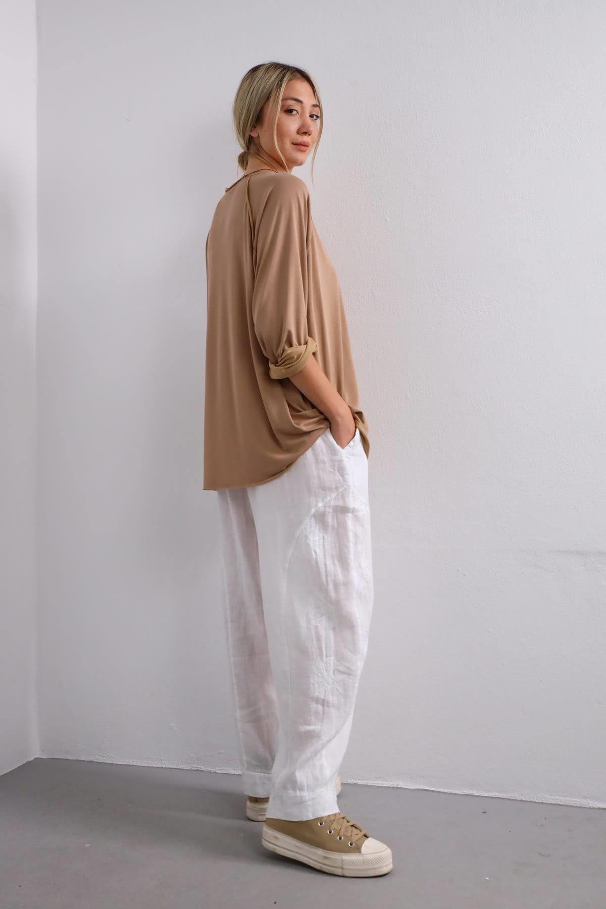 Camel Rengi Dikişli Salaş Bluz - Şaman Butik Camel Rengi Dikişli Salaş Bluz