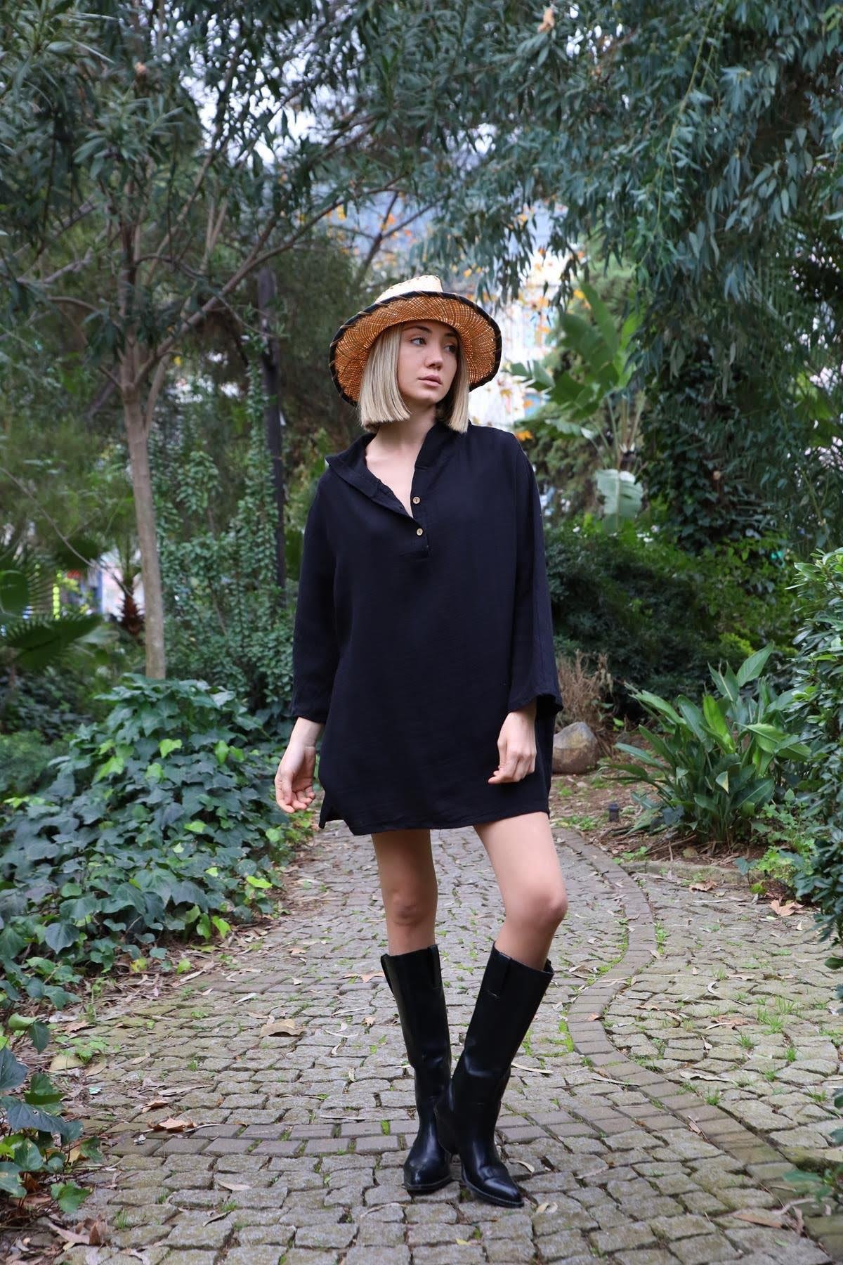 Siyah Kapüşonlu Yarasa Kol Gömlek - Şaman Butik Siyah Kapüşonlu Yarasa Kol Gömlek