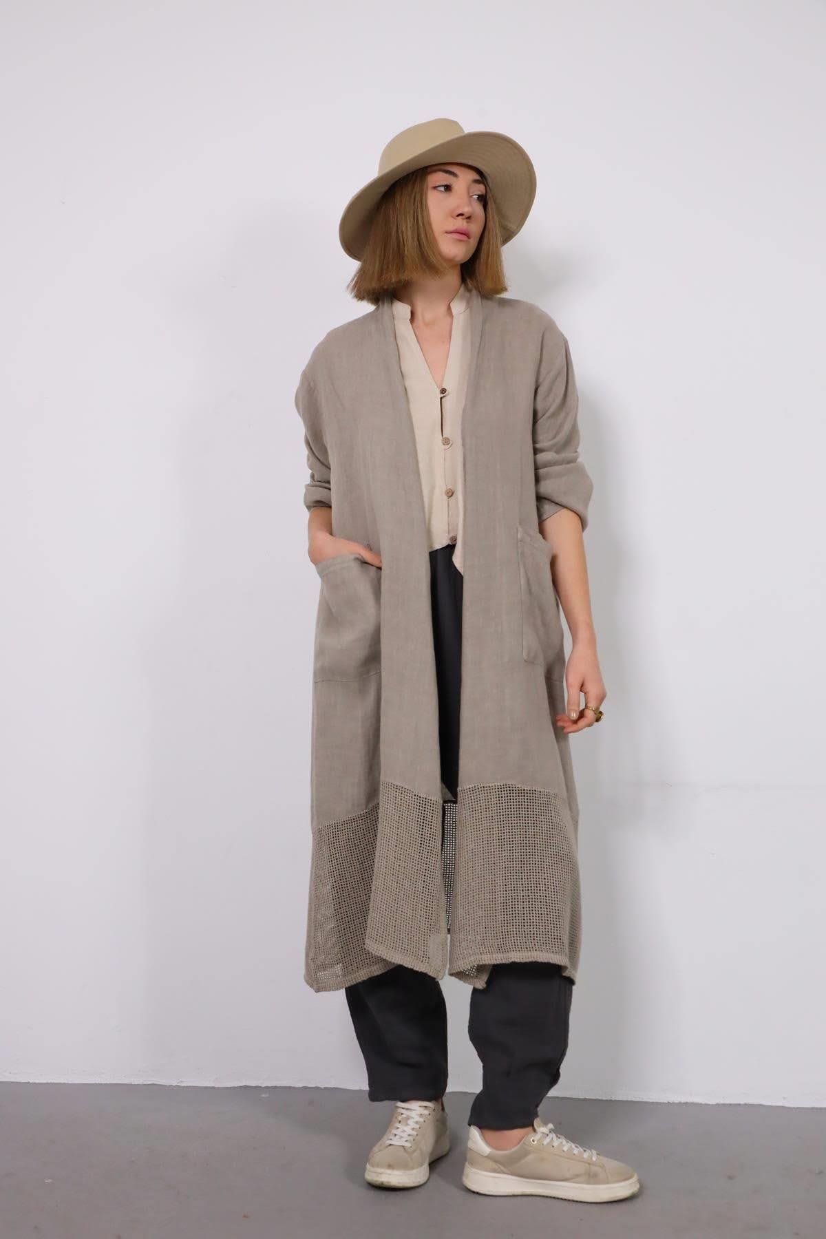 Vizon Rengi Altı File Detaylı Keten Kaftan - Şaman Butik Vizon Rengi Altı File Detaylı Keten Kaftan