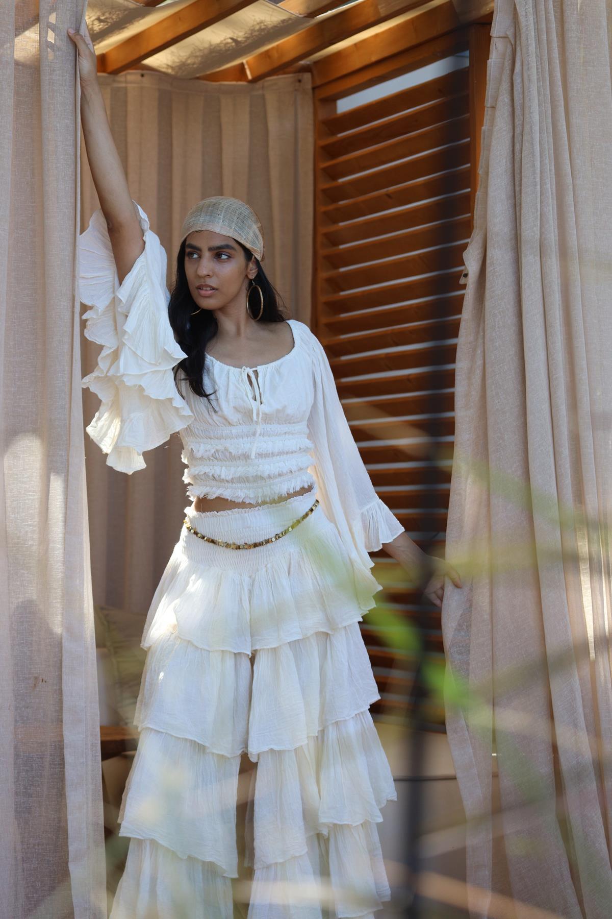  Ekru Önü Yırtmaçlı Kat Kat Bohem Elbise Etek