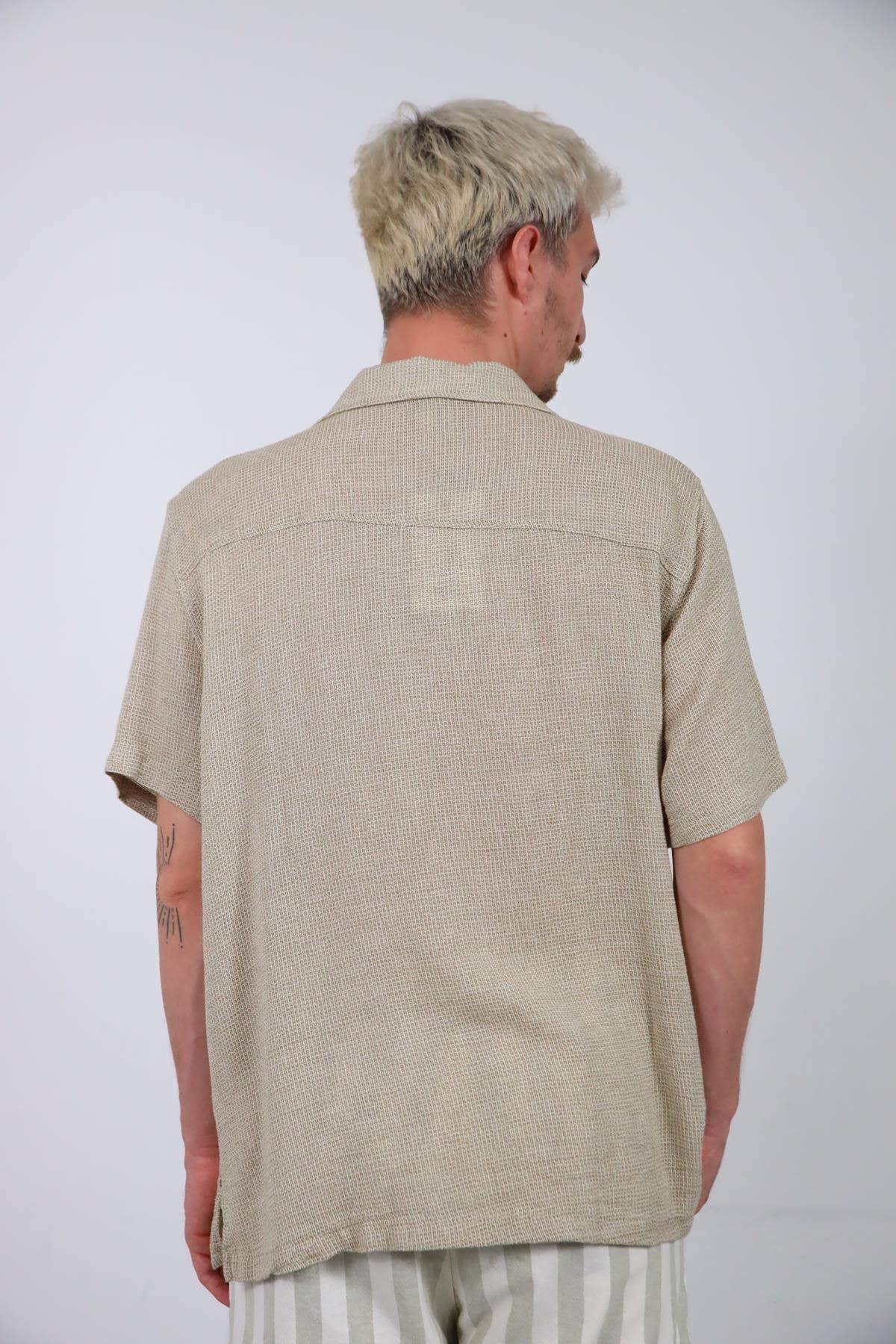  Açık Haki Örme Pamuk Kumaş Kısa Kollu Erkek Gömlek