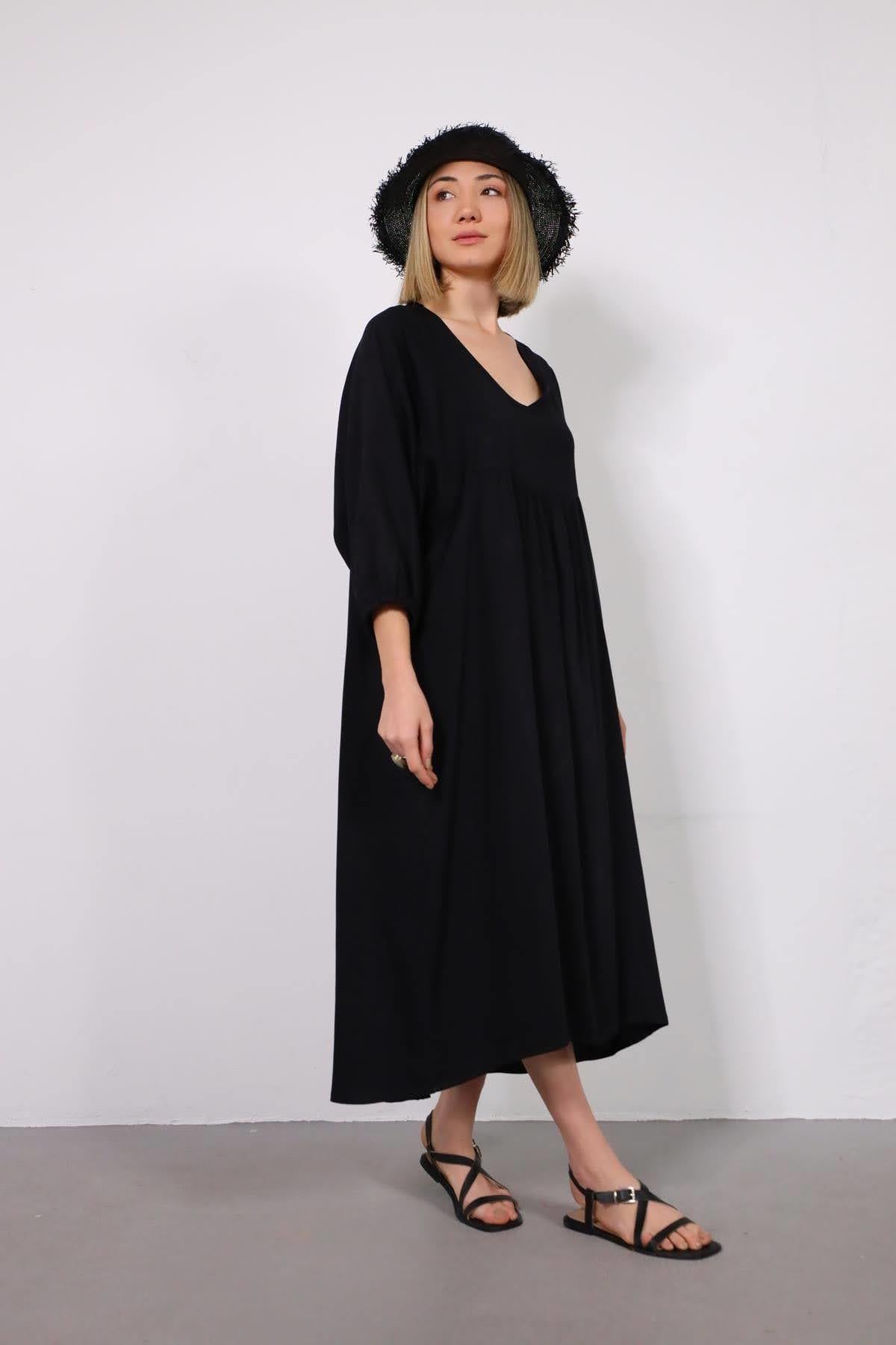 Siyah V Yaka Yarasa Kol Elbise - Şaman Butik Siyah V Yaka Yarasa Kol Elbise