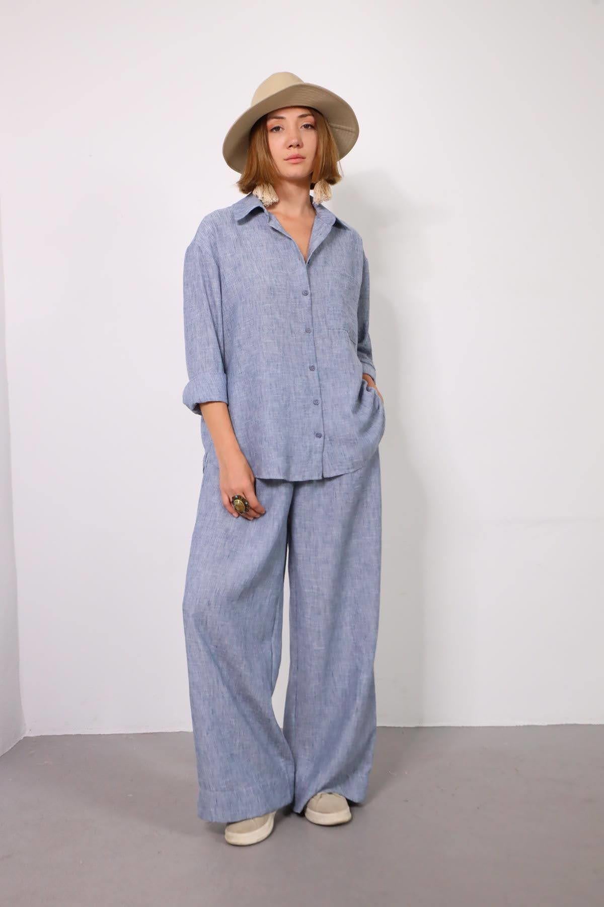 Mavi Keten Klasik Düğmeli Pantolon ve Gömlek Takım - Şaman Butik Mavi Keten Klasik Düğmeli Pantolon ve Gömlek Takım