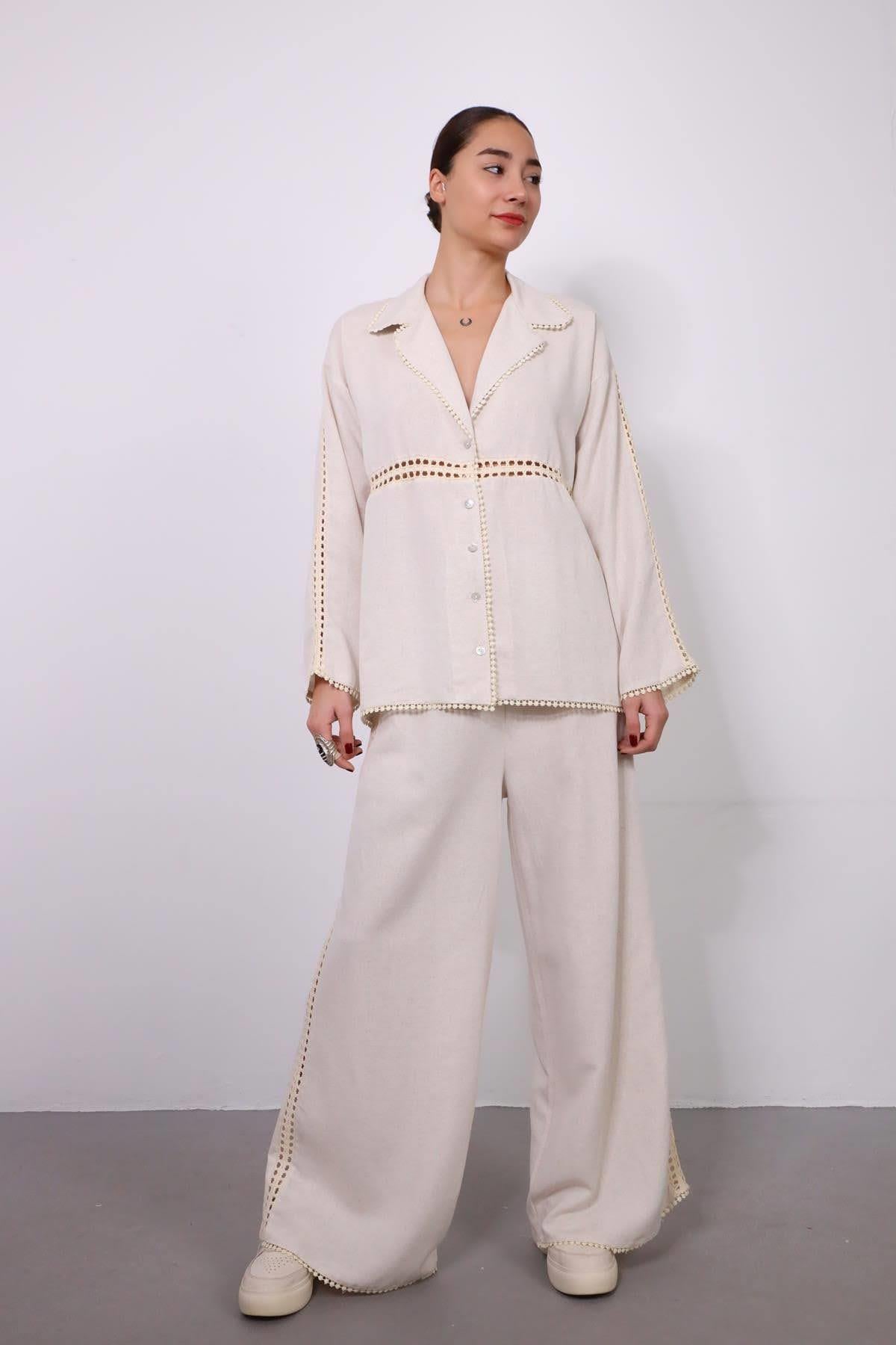 Krem Rengi Güpür Detaylı Takım - Şaman Butik Krem Rengi Güpür Detaylı Takım