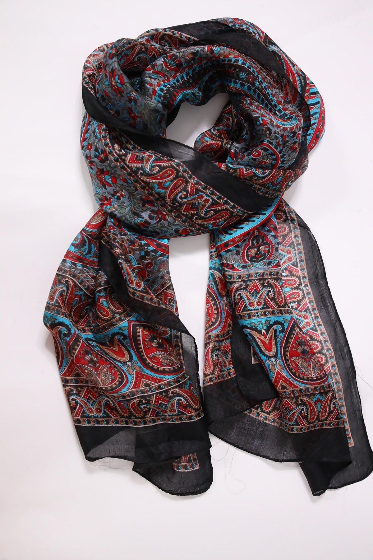 Siyah Desenli İpek Şal - Şaman Butik Siyah Desenli İpek Şal