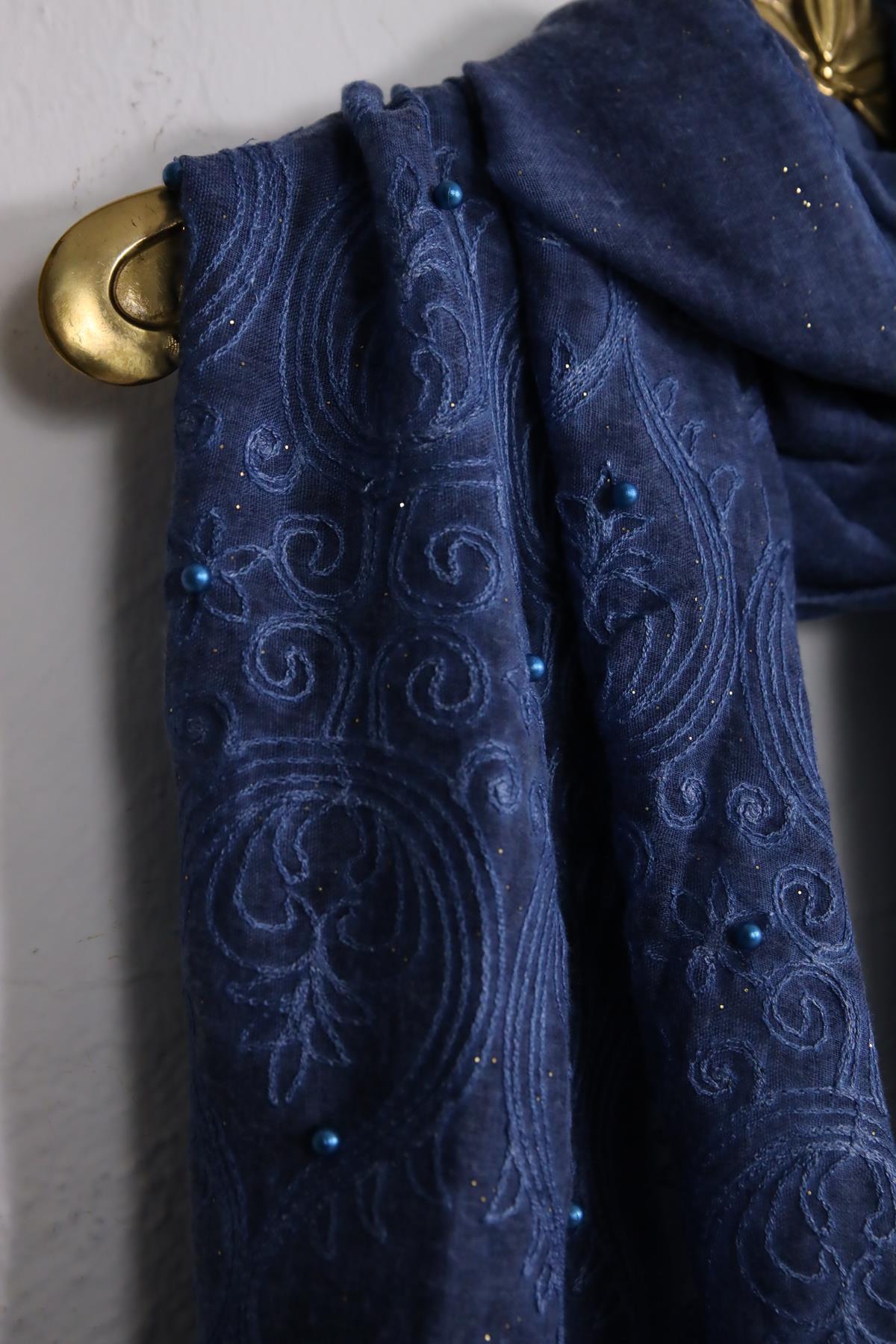 İndigo Mavisi Simli İnci İşlemeli Şal - Şaman Butik İndigo Mavisi Simli İnci İşlemeli Şal