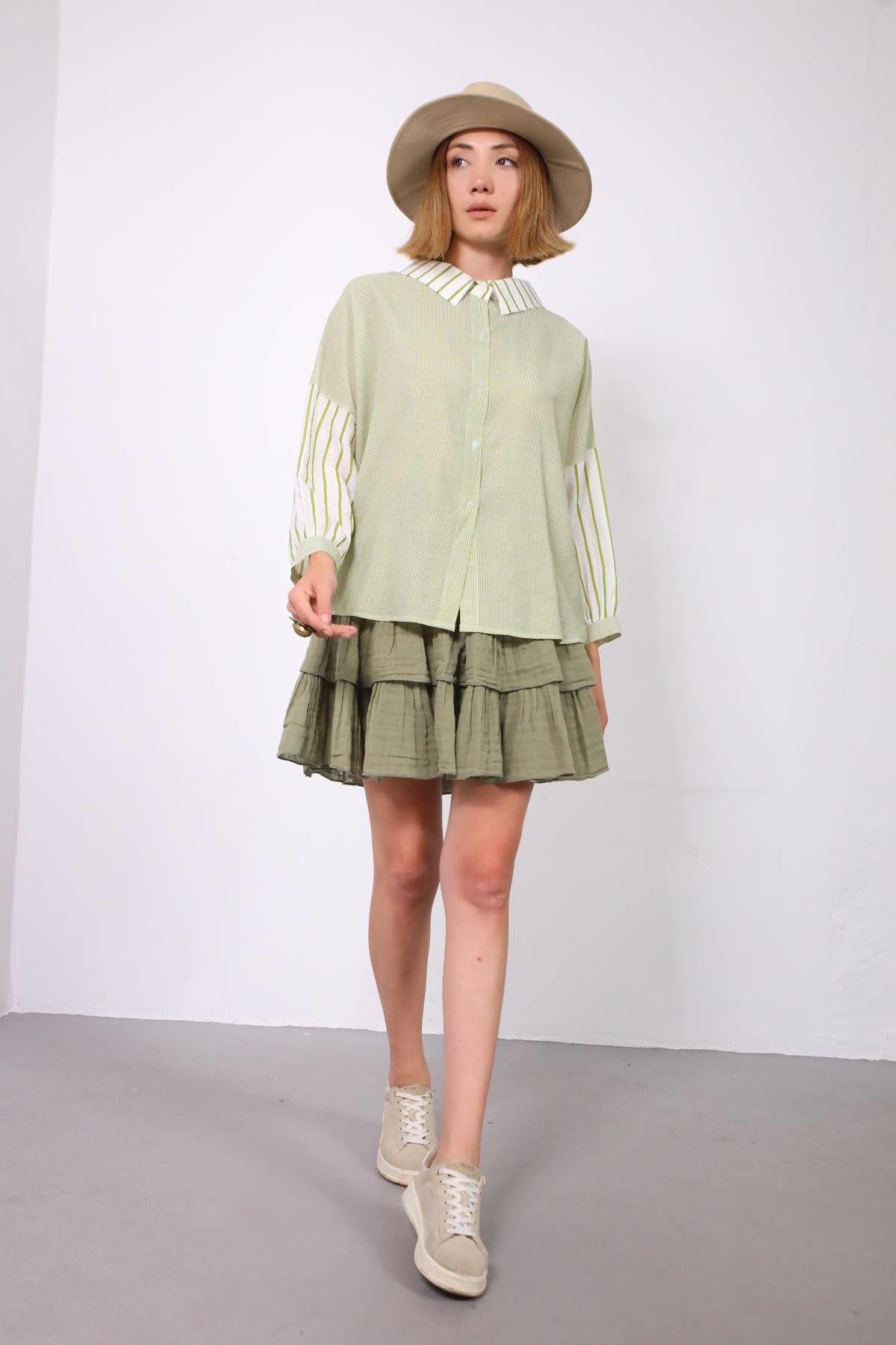  Fıstık Yeşili Arkası Bağlamalı Çizgili Otantik Gömlek