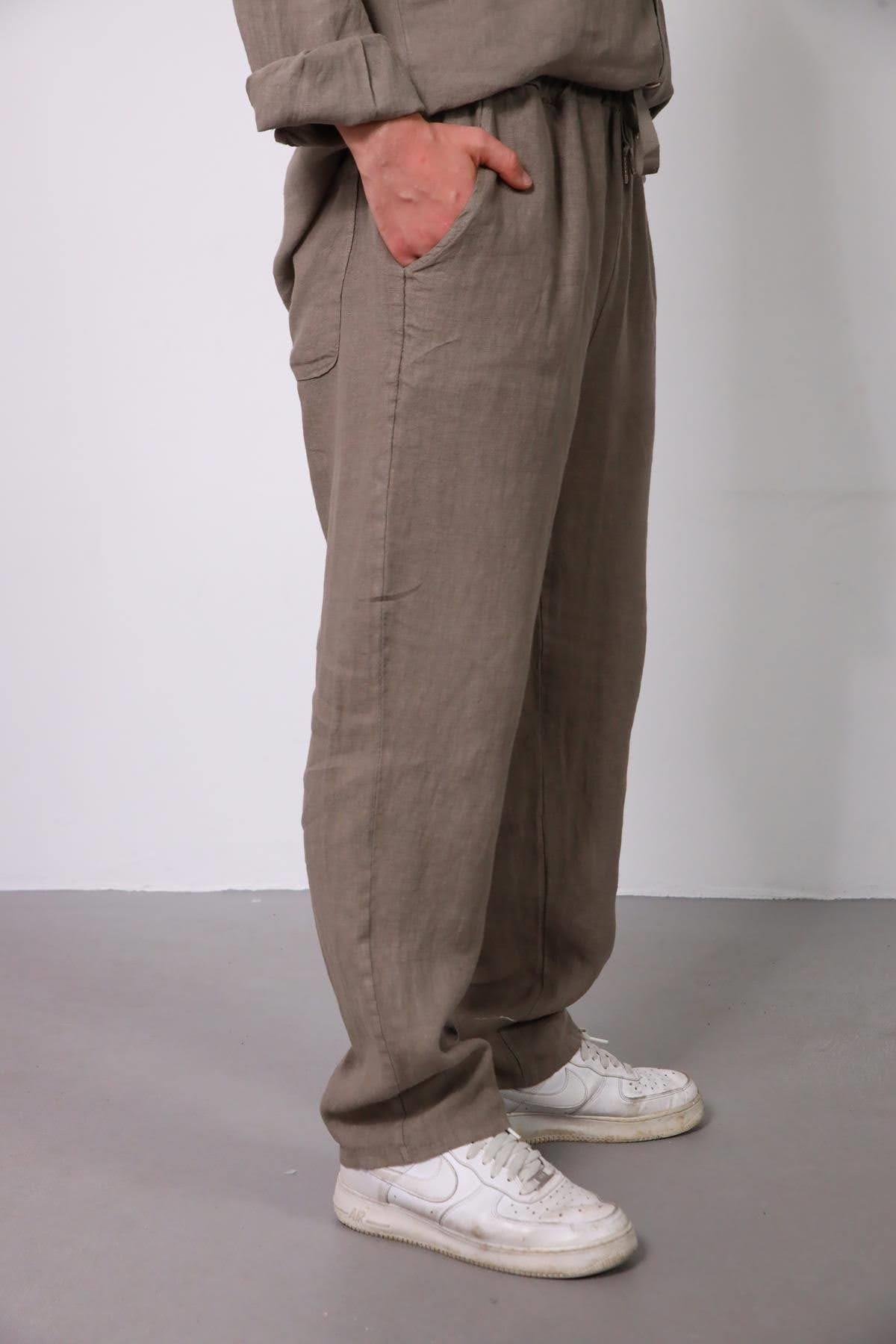  Vizon Rengi Keten Erkek Pantolon ve Gömlek Takım