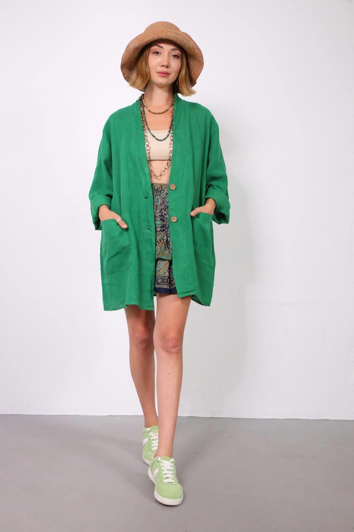 Yeşil Çift Cepli Keten Ceket - Şaman Butik Yeşil Çift Cepli Keten Ceket