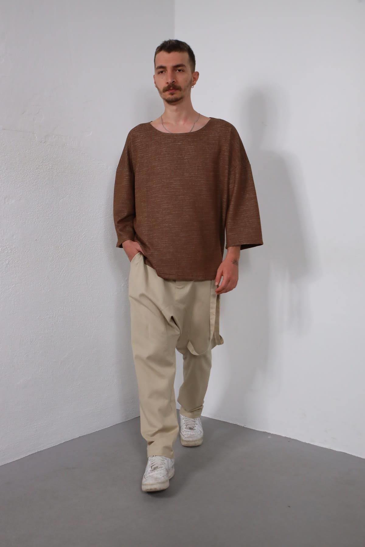  Kahverengi Geniş Yaka Truvakar Kol Erkek Sweatshirt