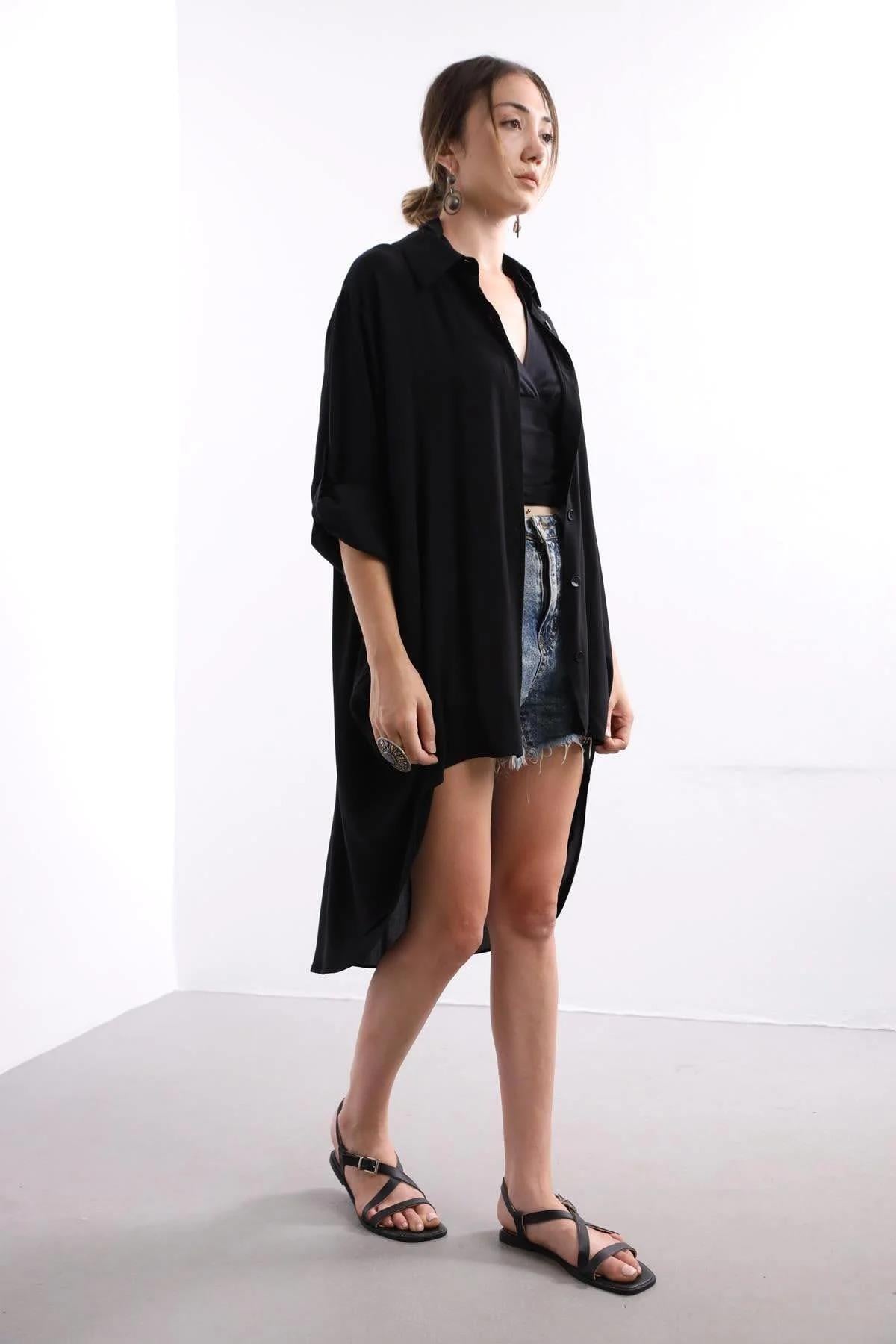 Black Long Back Shirt - Şaman Butik | Shop Online Black Long Back Shirt