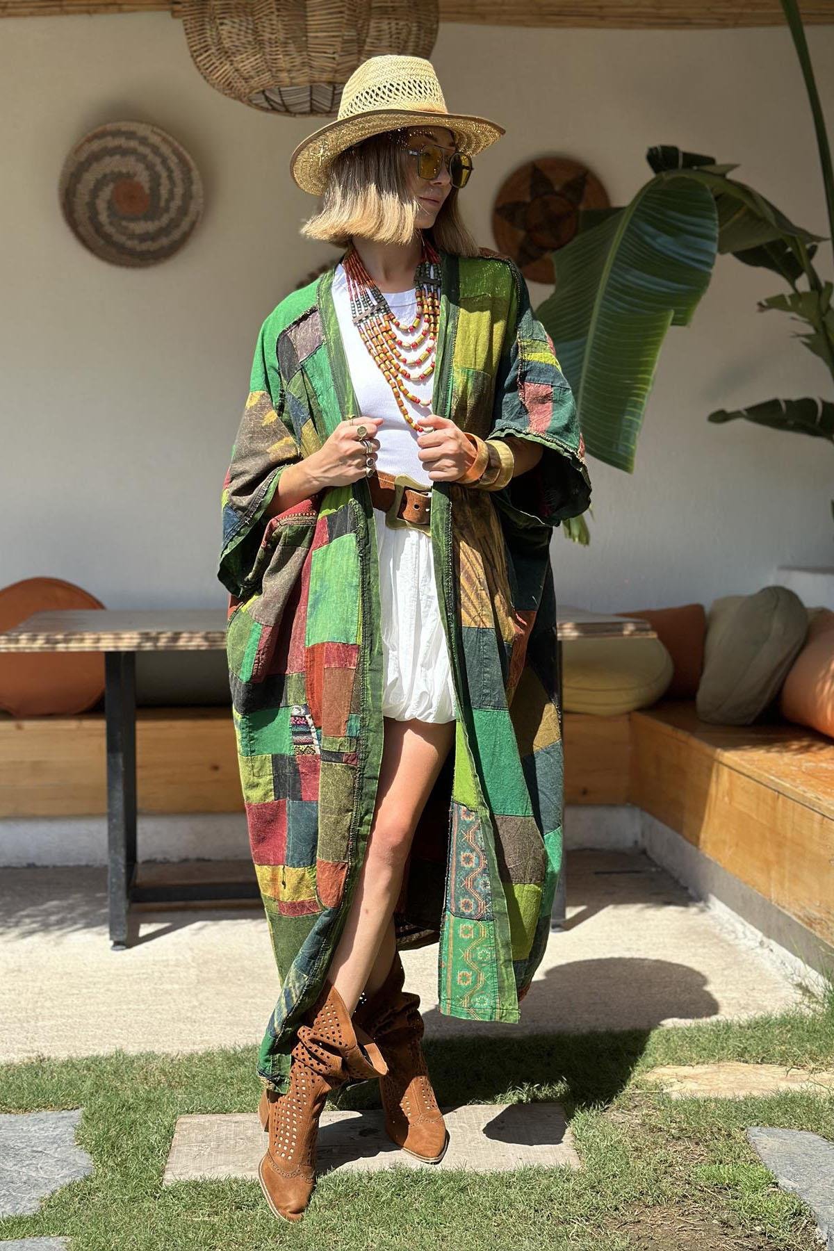  Yeşil Otantik Patchwork Kaftan
