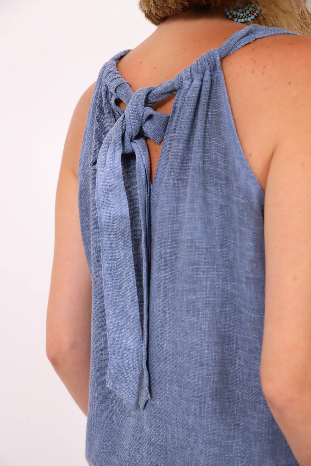 İndigo Mavi Sırtı Bağlamalı Askılı Bluz - Şaman Butik İndigo Mavi Sırtı Bağlamalı Askılı Bluz