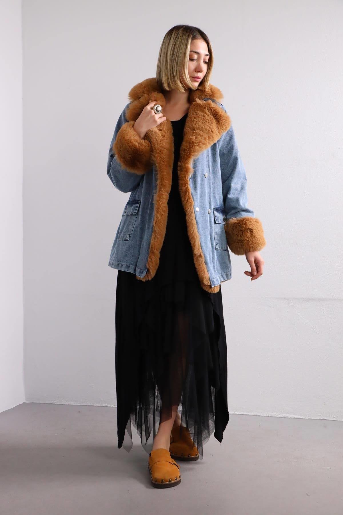  Mavi Camel Rengi Kürklü Kot Ceket