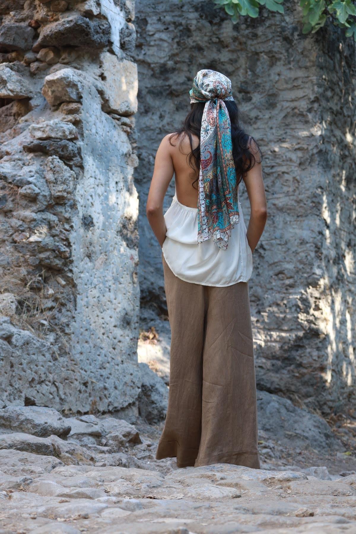 Toprak Rengi Duble Paça Pileli Keten Pantolon - Şaman Butik Toprak Rengi Duble Paça Pileli Keten Pantolon