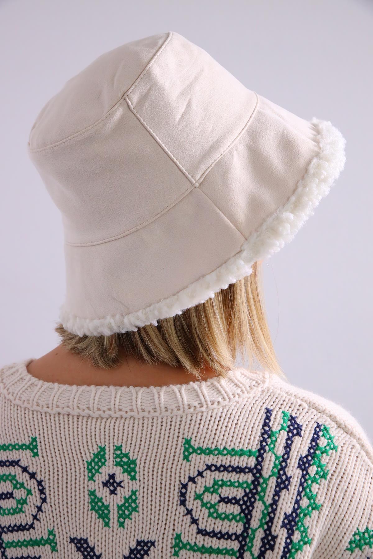  Krem Rengi Süet Bucket Şapka