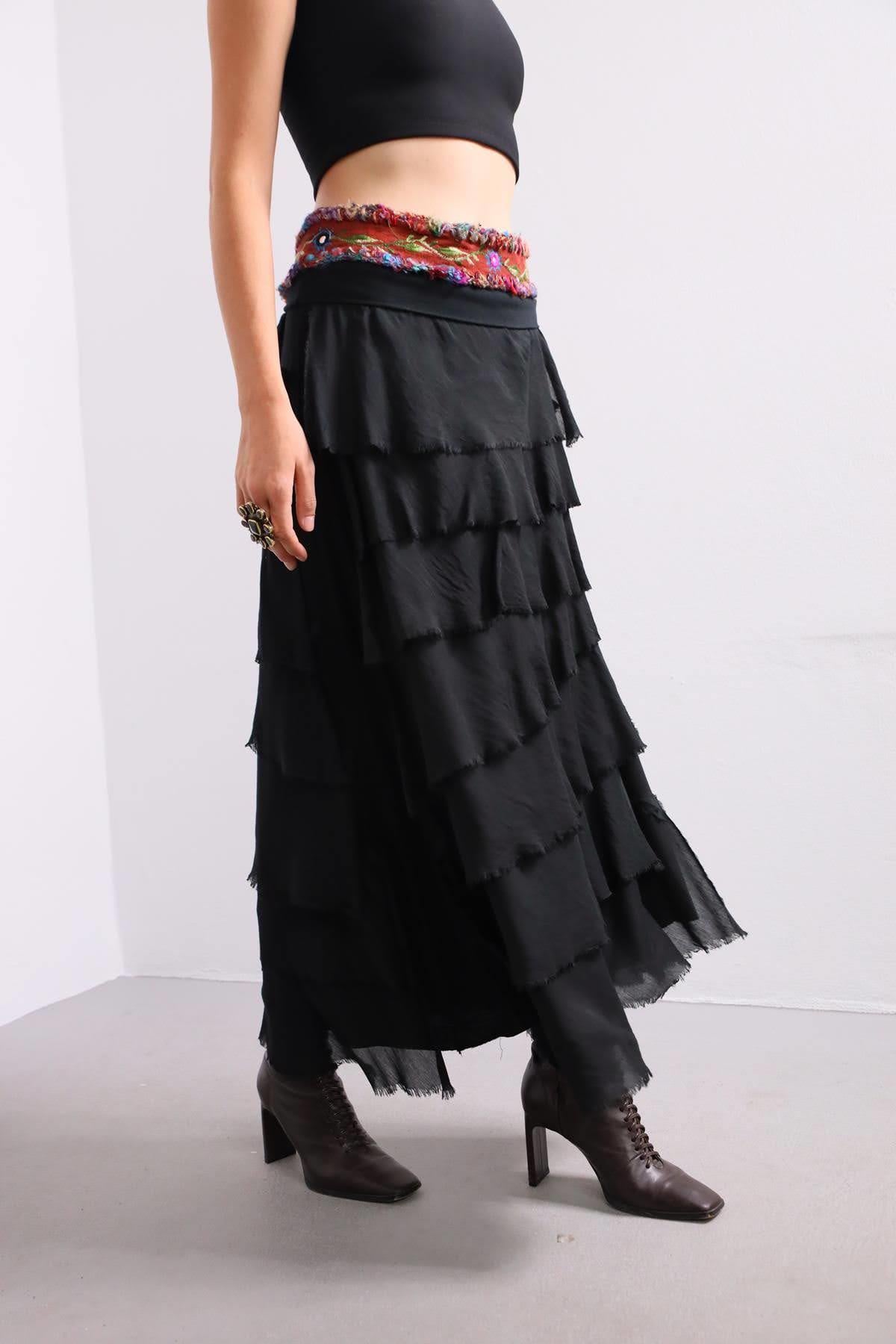 Saman Butik | Shop Online Black Layered Silk Skirt
