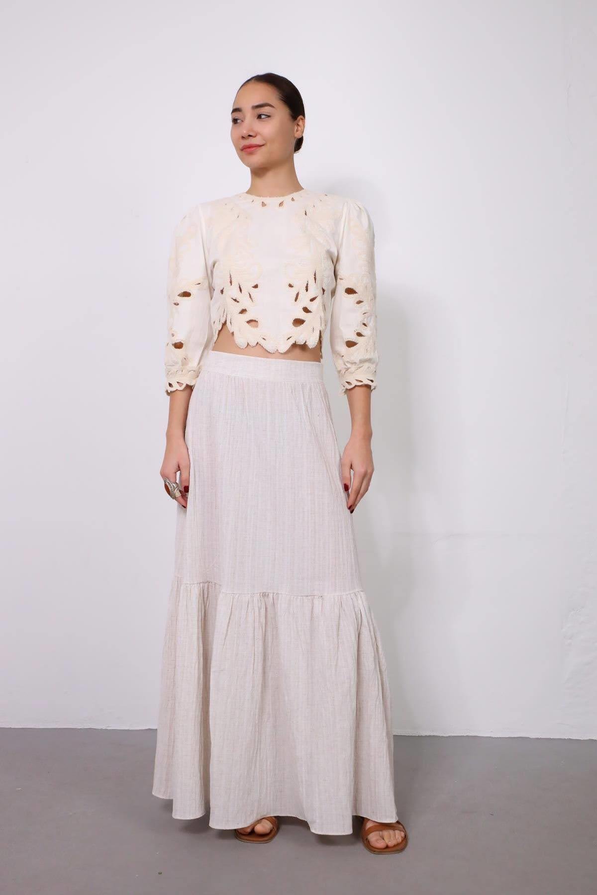  Krem Rengi Büzgülü Gofre Etek