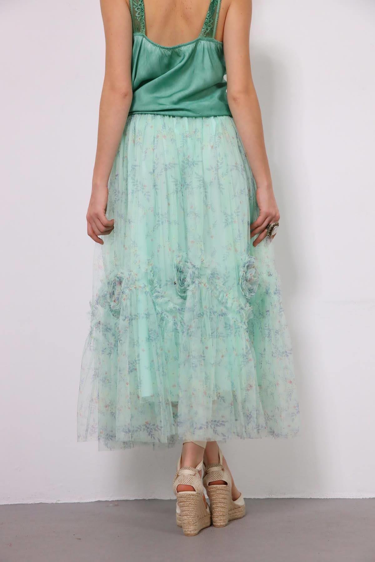 Saman Butik | Shop Online Water Green Rose Detail Tulle Skirt