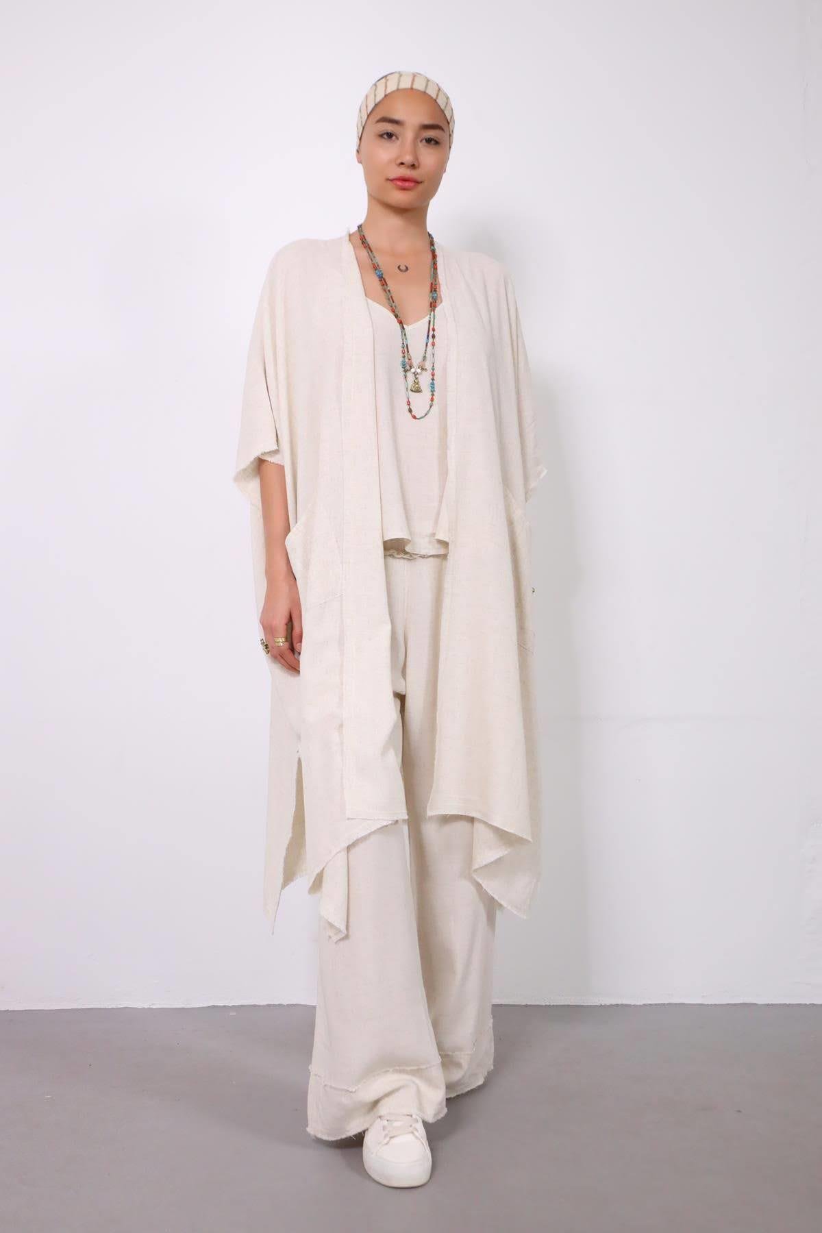 Cream Fringed Short Sleeve Caftan - Saman Butik | Shop Online Cream Fringed Short Sleeve Caftan