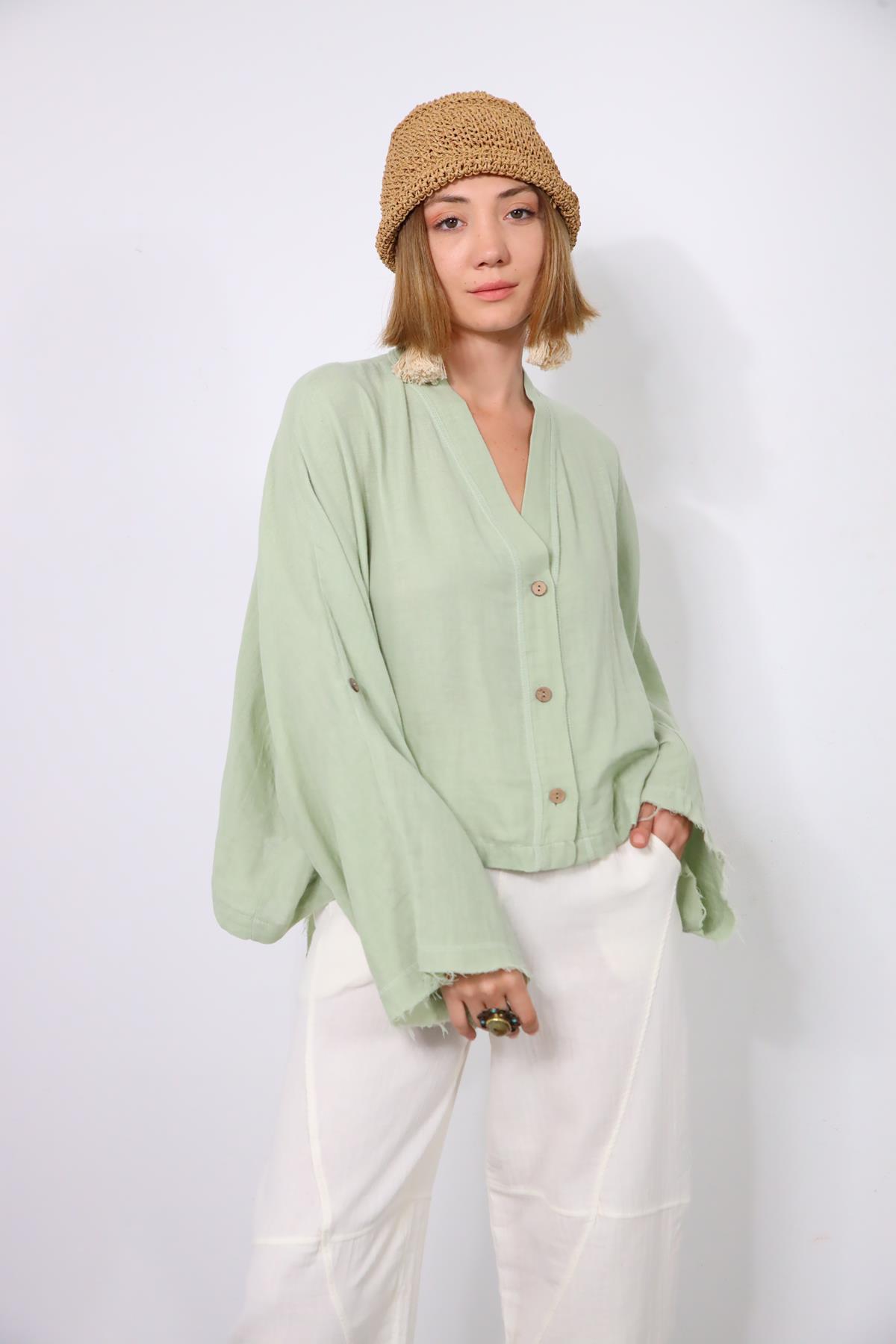 Mint Green Back Detail Wide Sleeve Shirt - Saman Butik | Shop Online Mint Green Back Detail Wide Sleeve Shirt