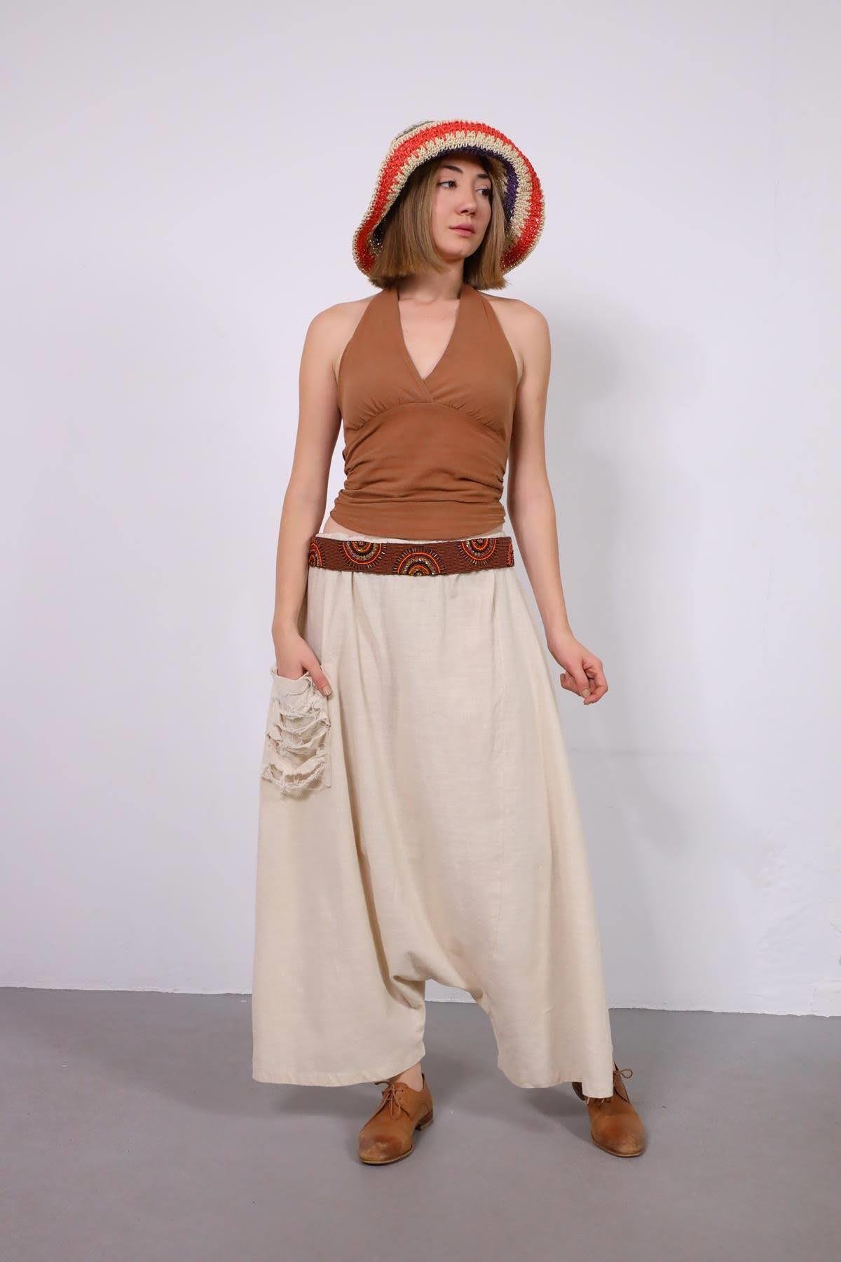  Krem Rengi Cebi Yırtık Detaylı Keten Şalvar