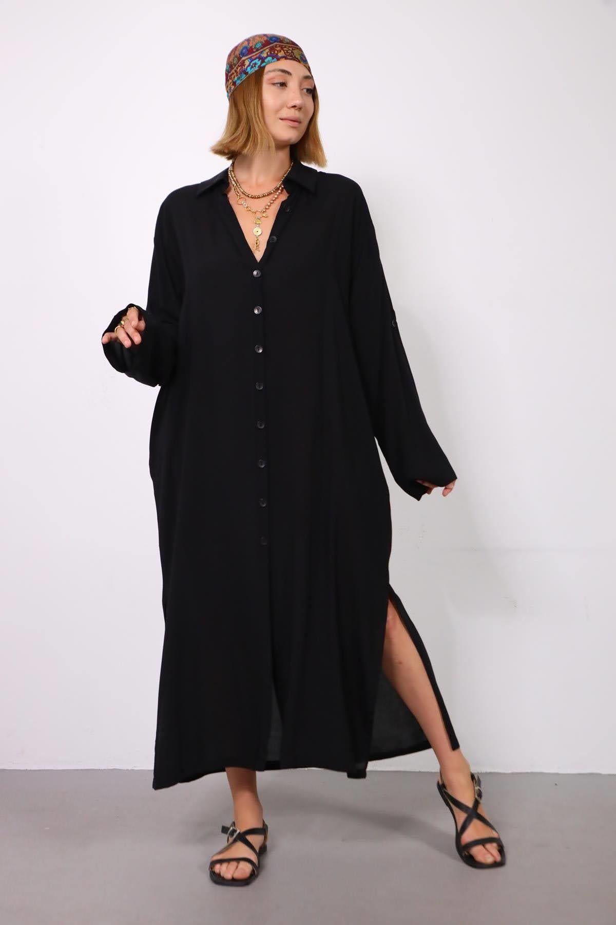 Siyah Yanları Yırtmaçlı Gömlek Elbise - Şaman Butik Siyah Yanları Yırtmaçlı Gömlek Elbise