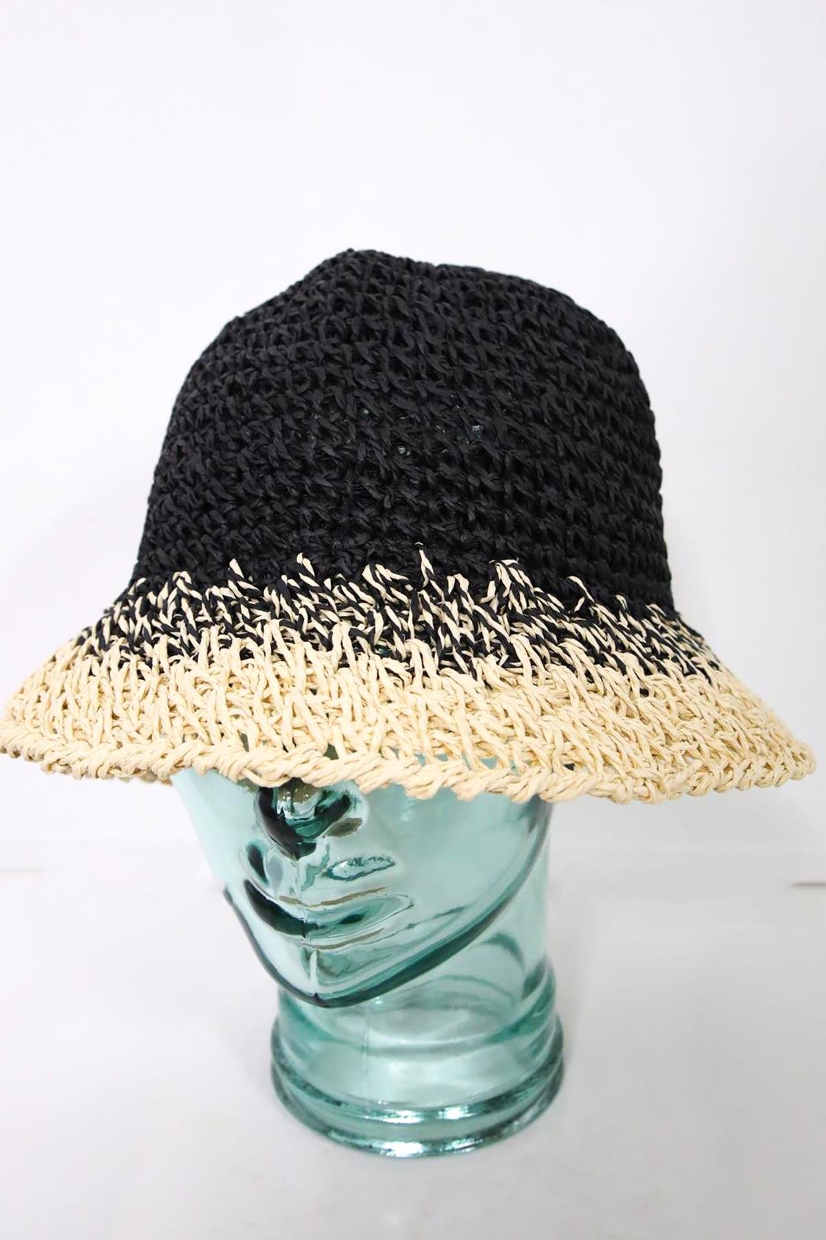  Siyah Ekru Geçişli El Örgüsü Hasır Şapka
