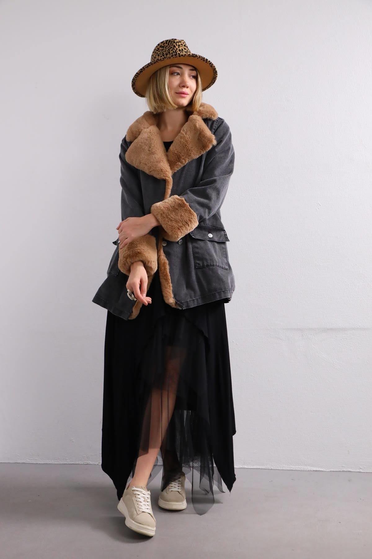  Antrasit Camel Rengi Kürklü Kot Ceket