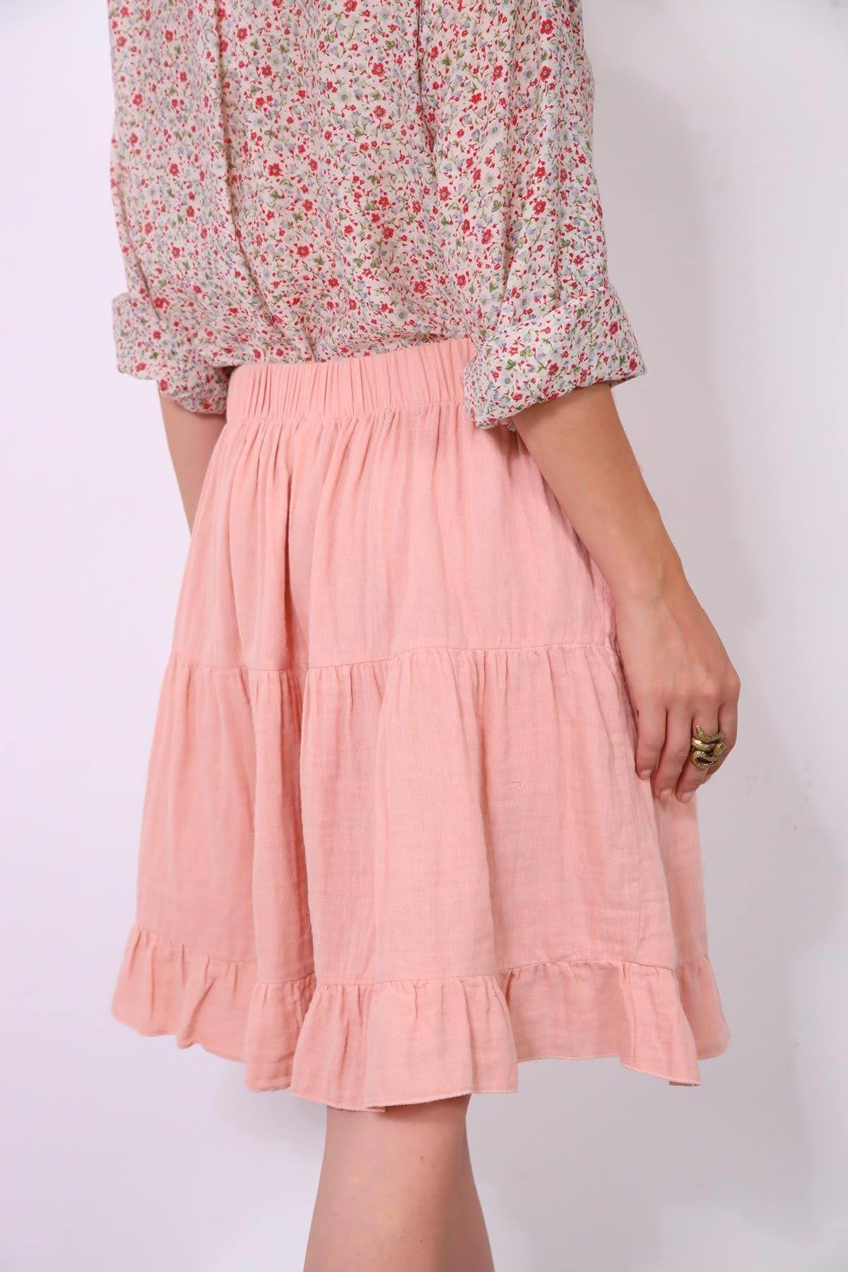  Pudra Pembe Asimetrik Püsküllü Müslin Etek