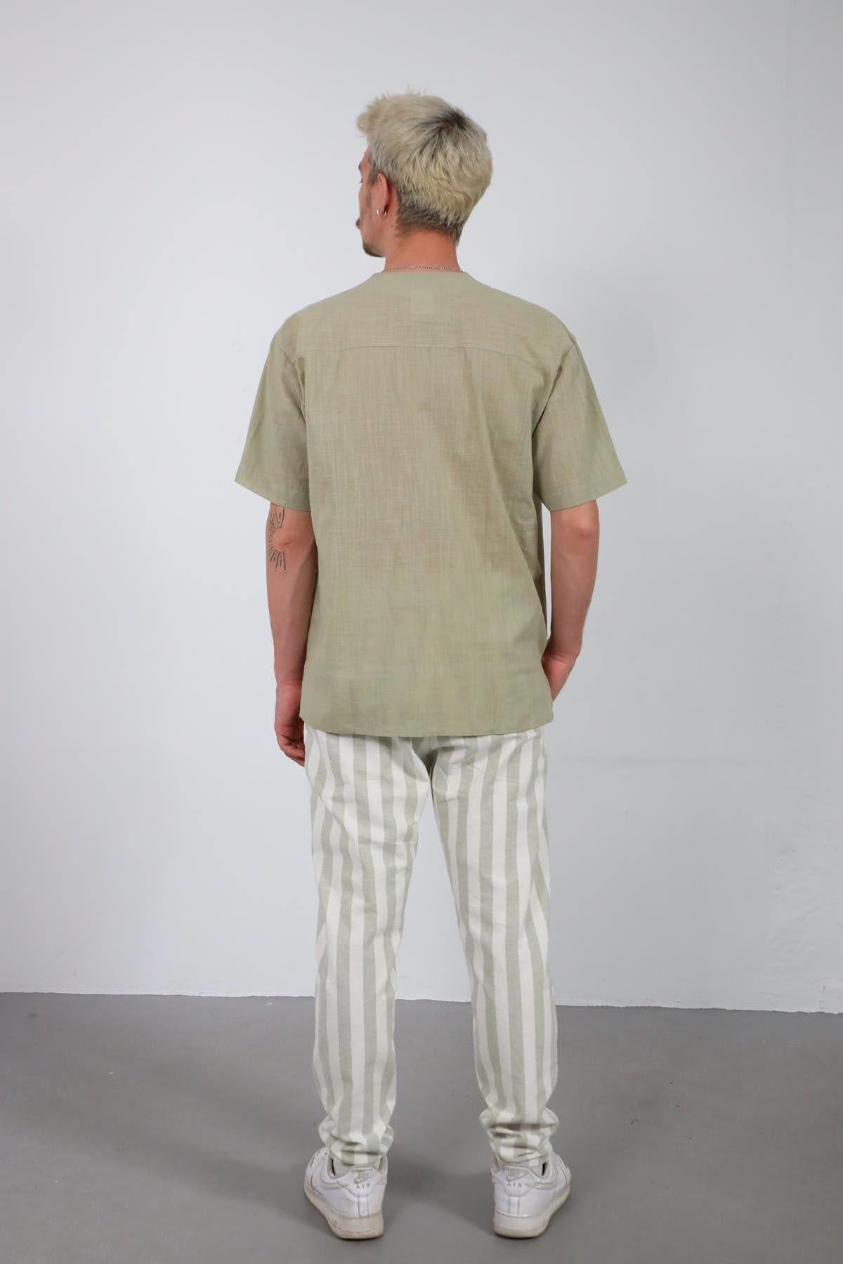 Çağla Yeşili Yakası Bağcıklı Yırtmaçlı Kısa Kollu Erkek Gömlek - Şaman Butik Çağla Yeşili Yakası Bağcıklı Yırtmaçlı Kısa Kollu Erkek Gömlek