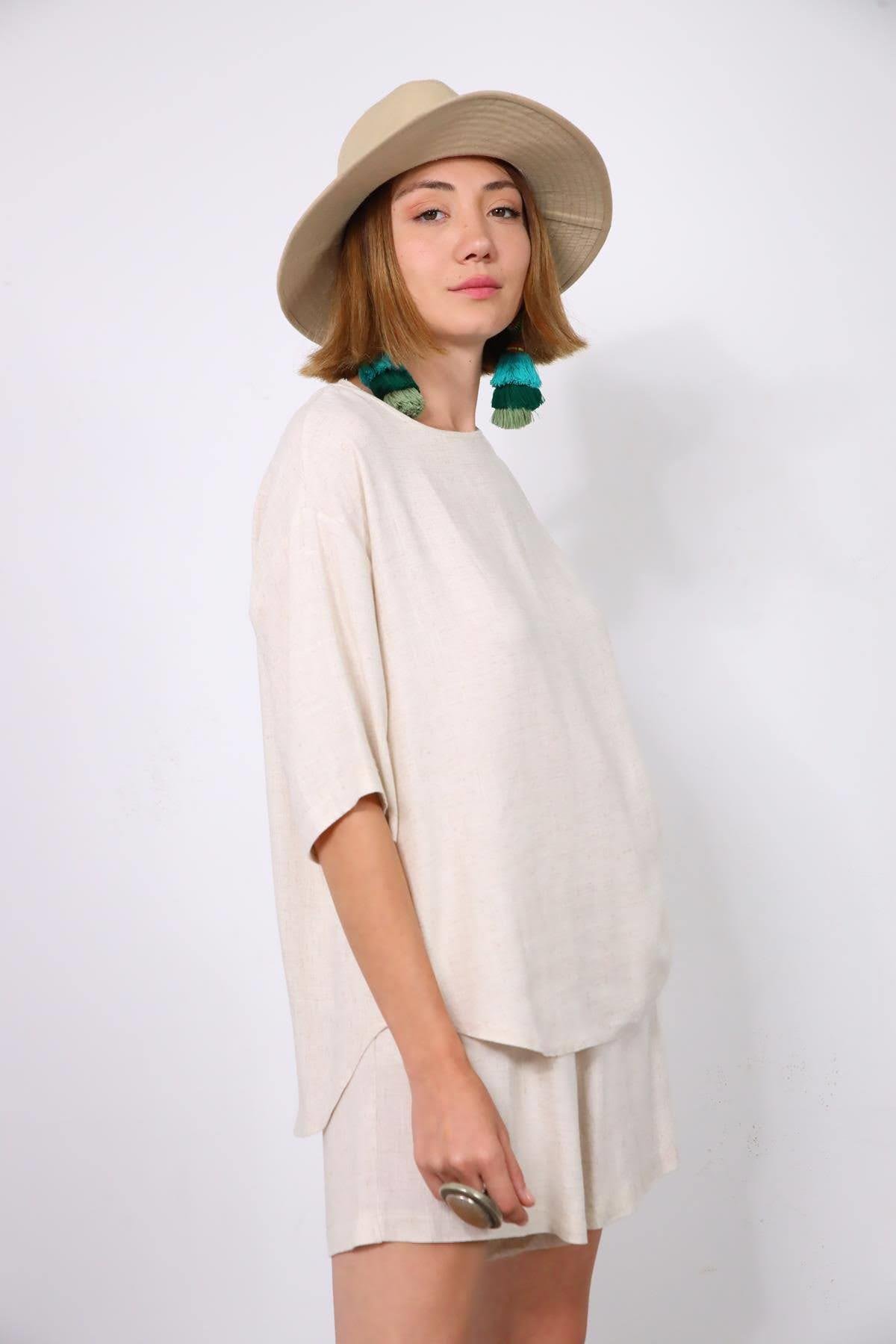  Krem Rengi Salaş Şortlu Takım