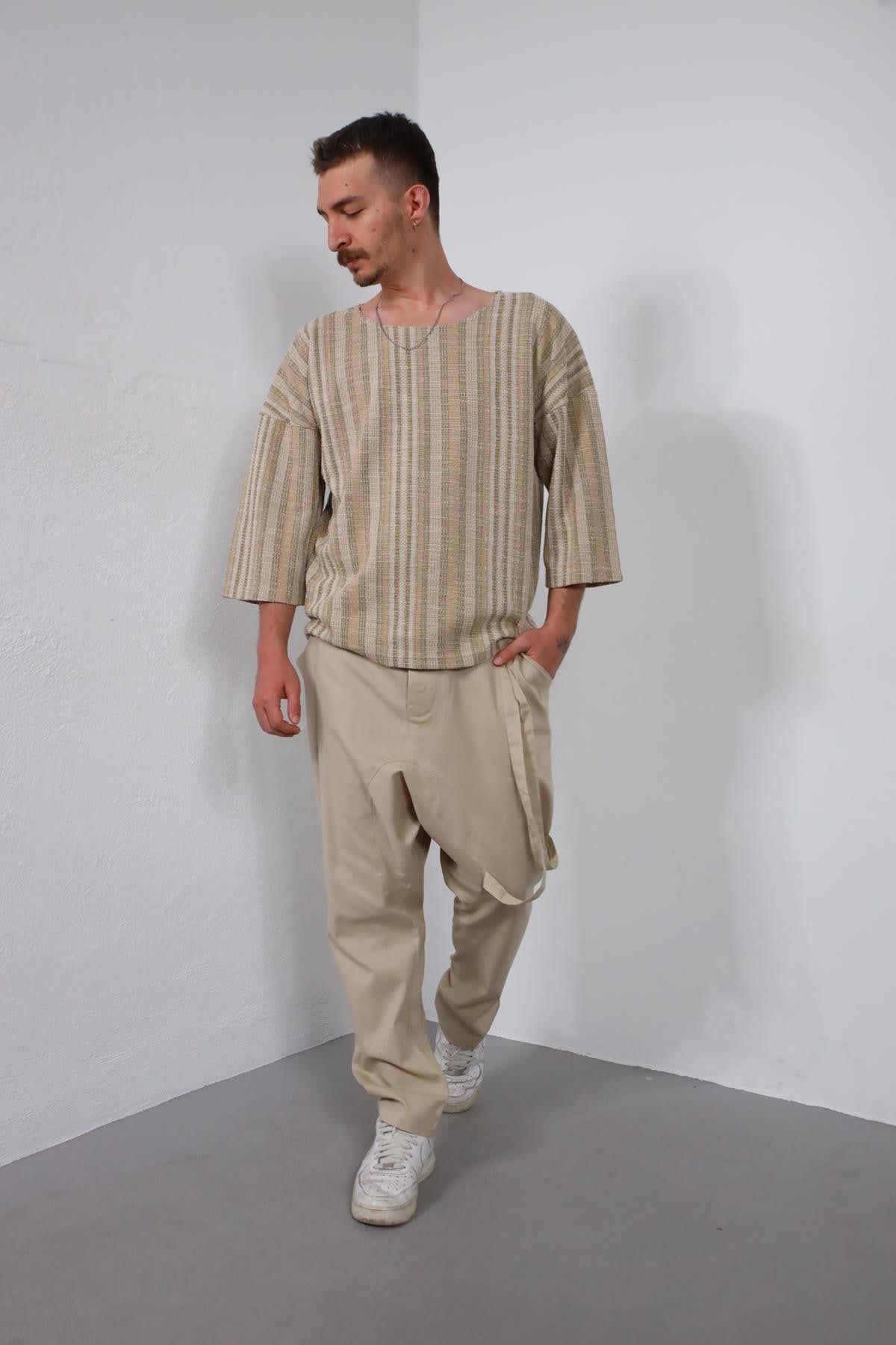  Bej Çizgili Geniş Yaka Truvakar Kol Erkek Sweatshirt