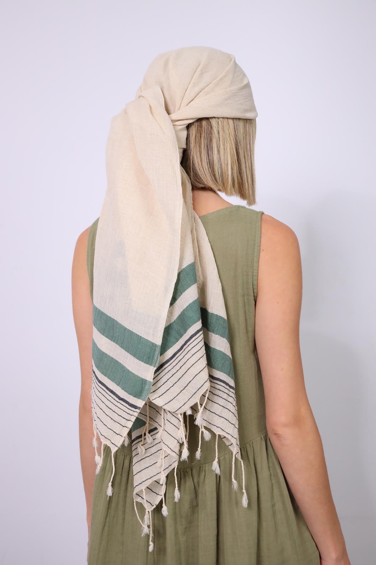 Yeşil Çizgili Keten Hale Peştamal - Şaman Butik Yeşil Çizgili Keten Hale Peştamal