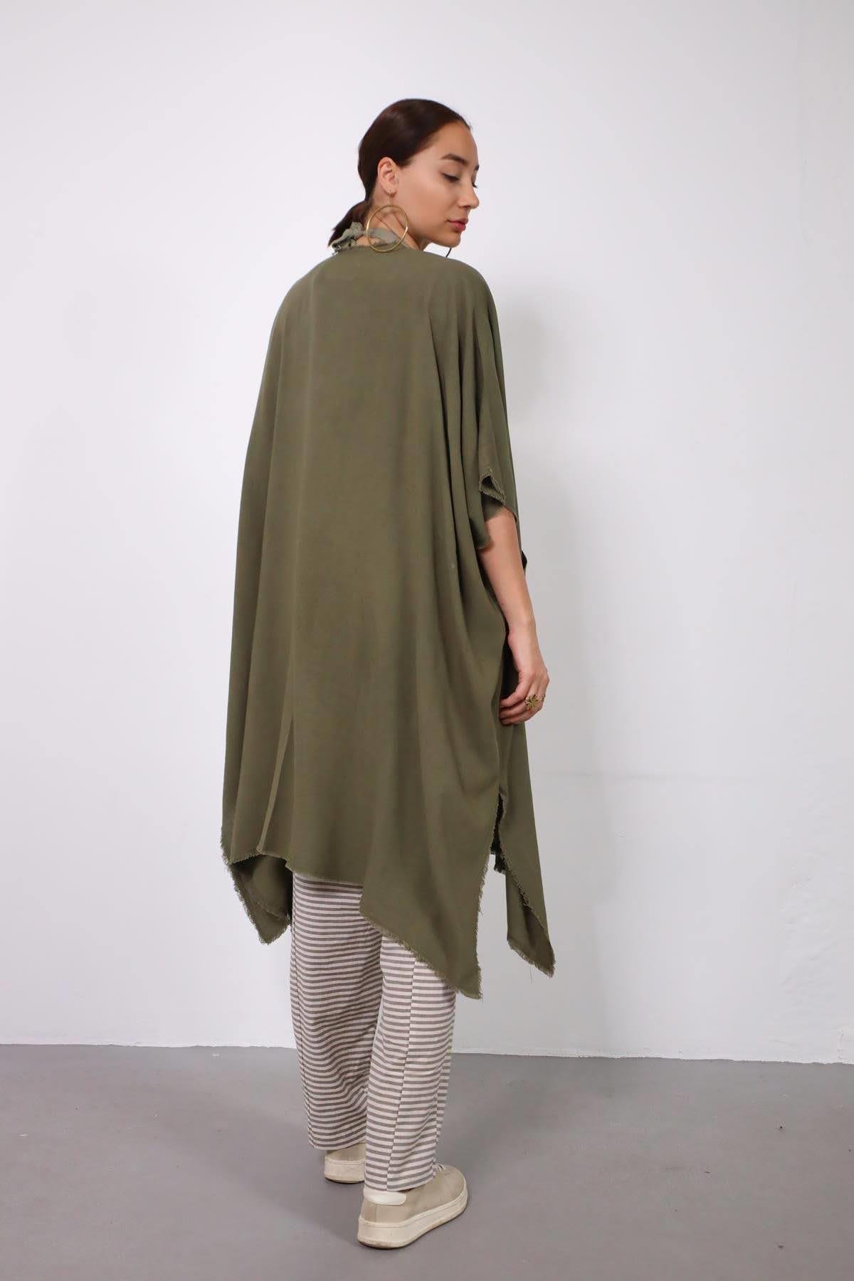 Khaki Fringed Short Sleeve Caftan - Saman Butik | Shop Online Khaki Fringed Short Sleeve Caftan