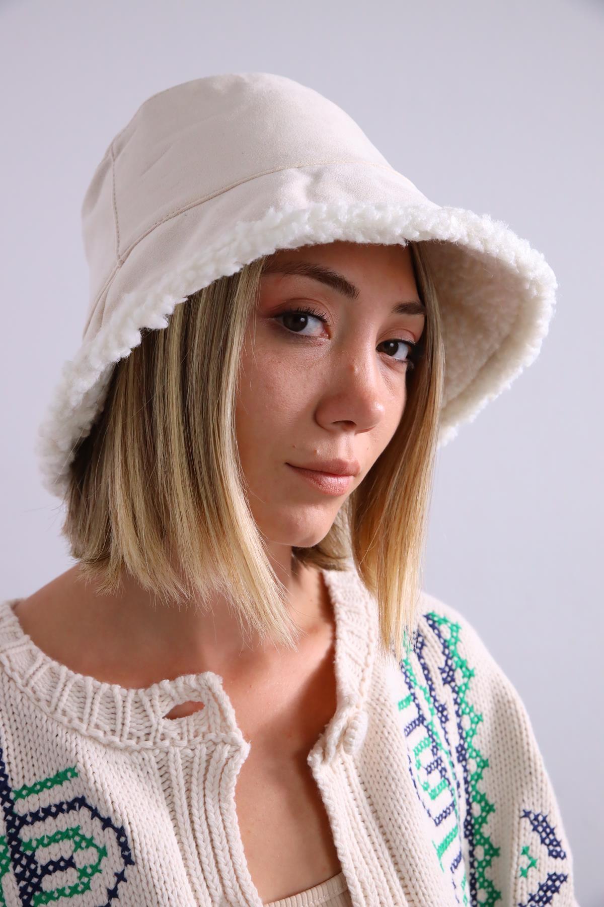  Krem Rengi Süet Bucket Şapka