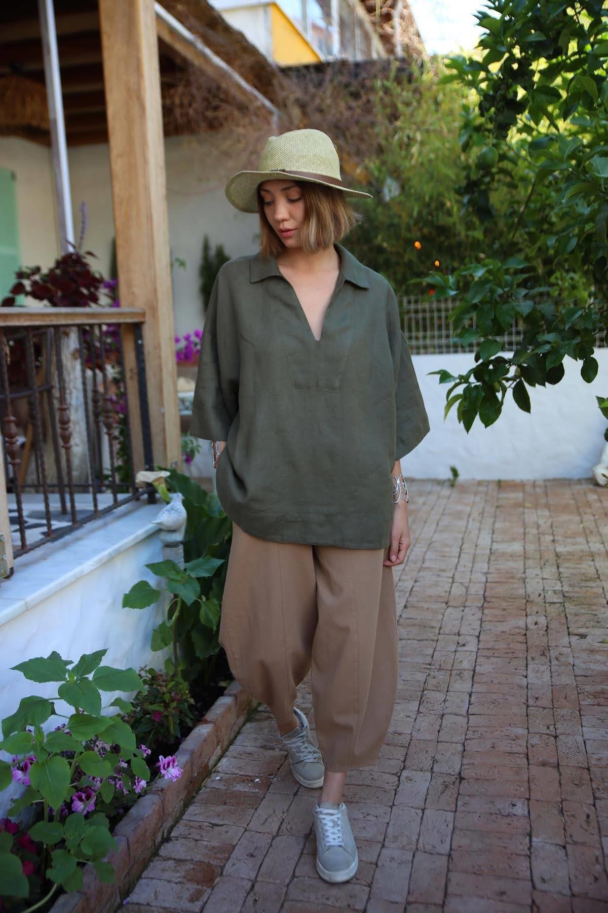  Haki Gömlek Yaka Keten Bluz