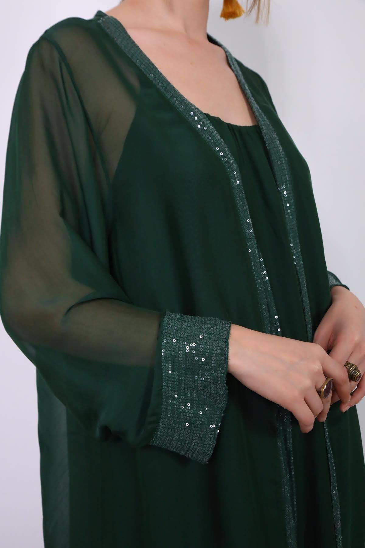  Zümrüt Yeşili Payetli İpek Ceket ve Elbise Takım