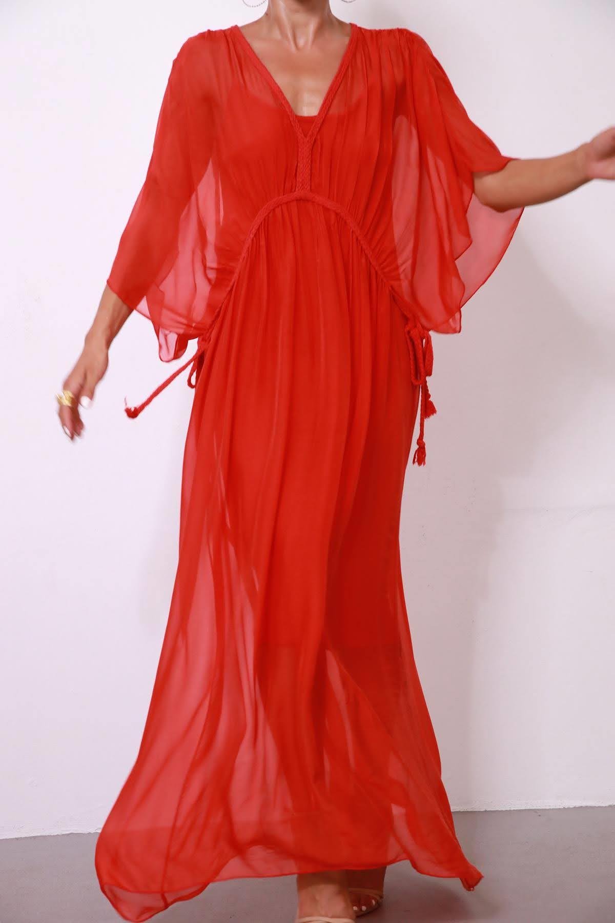  Kırmızı Örgü Detaylı Astarlı İpek Elbise