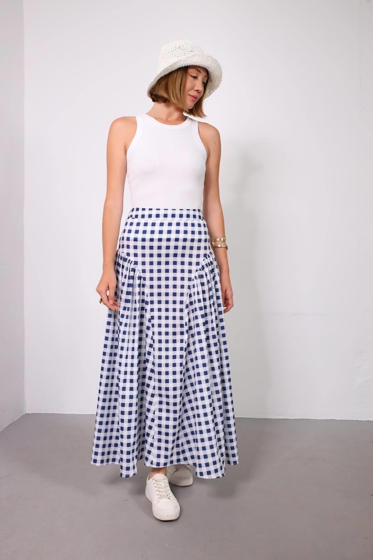  Lacivert Büzgülü Ekose Etek