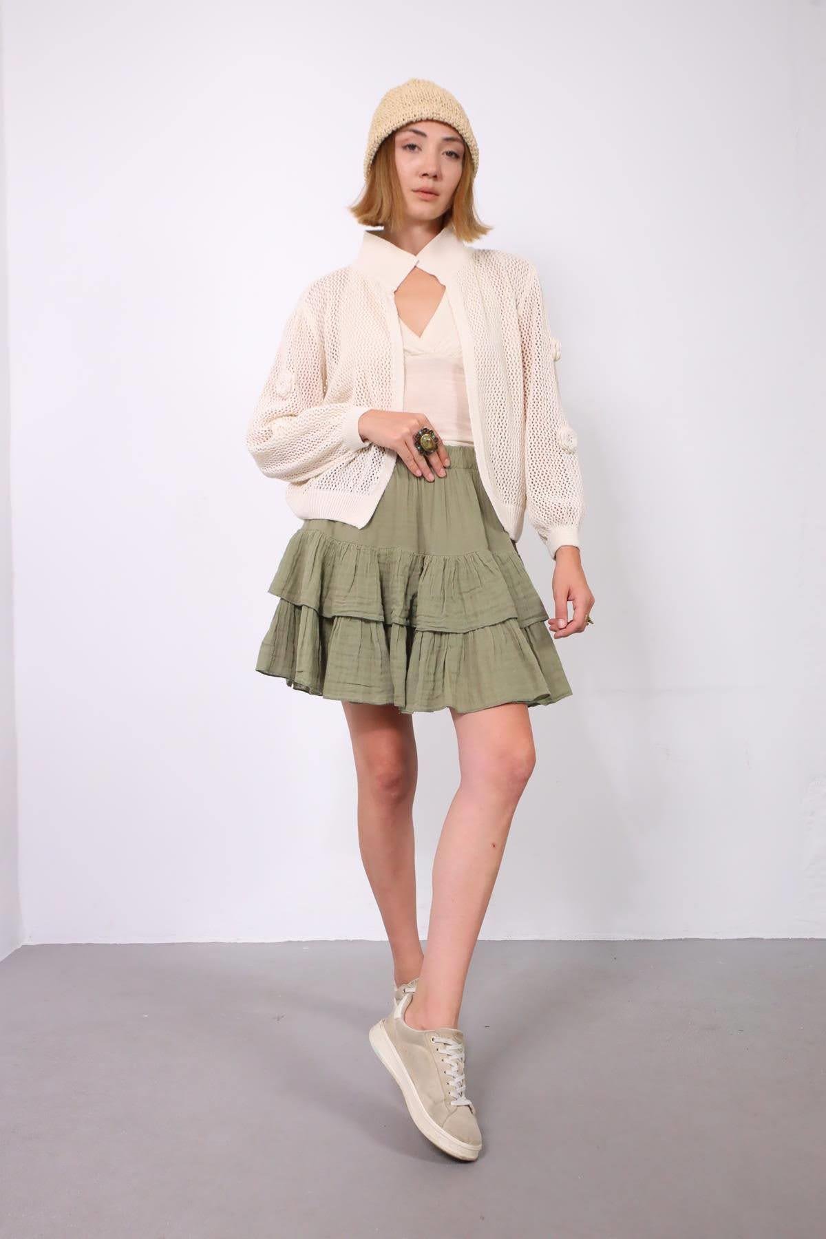  Krem Rengi Kolları Gül Detaylı File Hırka