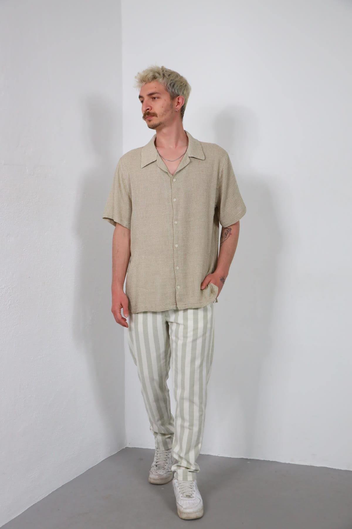  Açık Haki Örme Pamuk Kumaş Kısa Kollu Erkek Gömlek