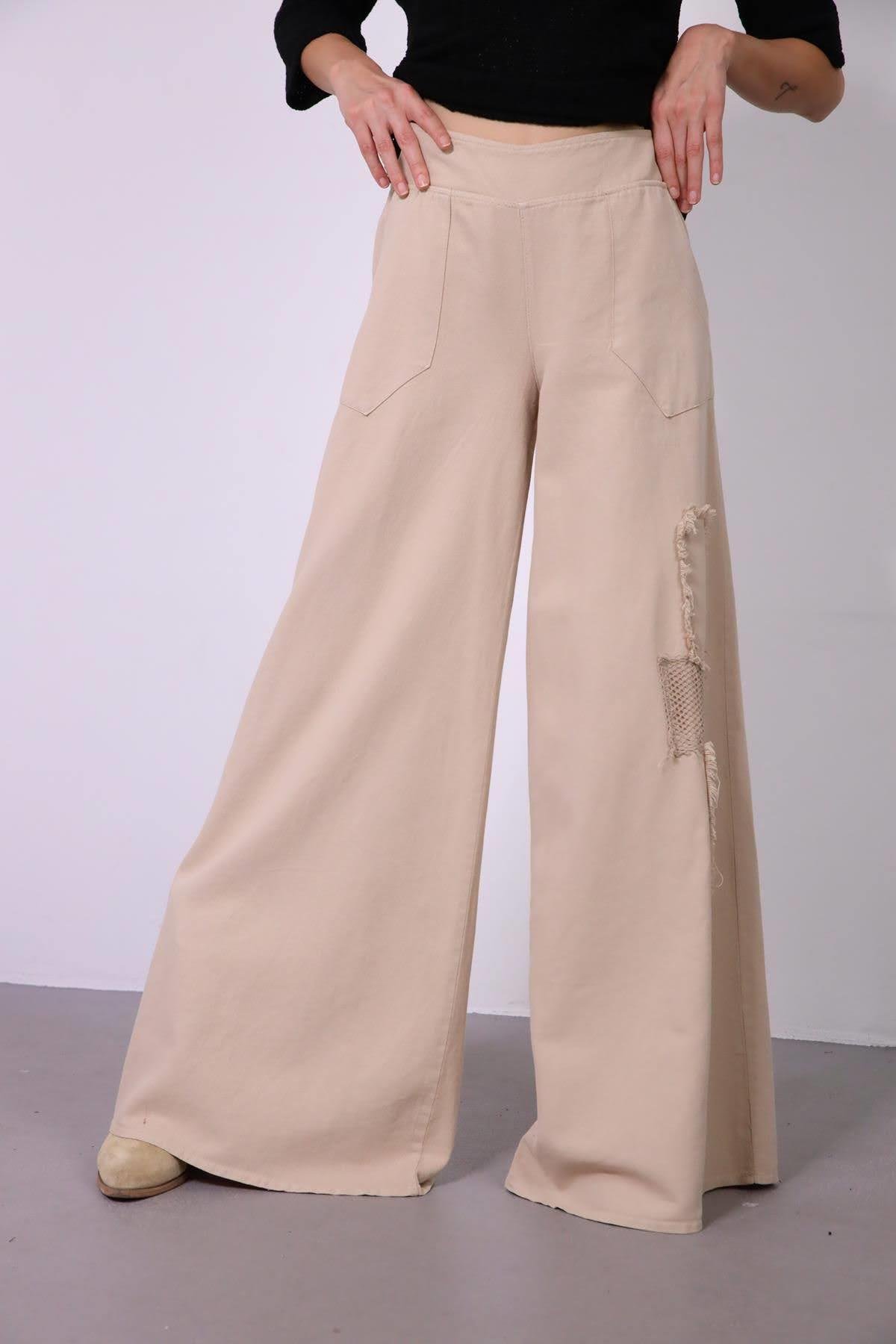 Navy Blue Floral Stitched Waist Shirt Dress - Şaman Butik Powder Pink Wide Leg Fillet Detailed Trousers