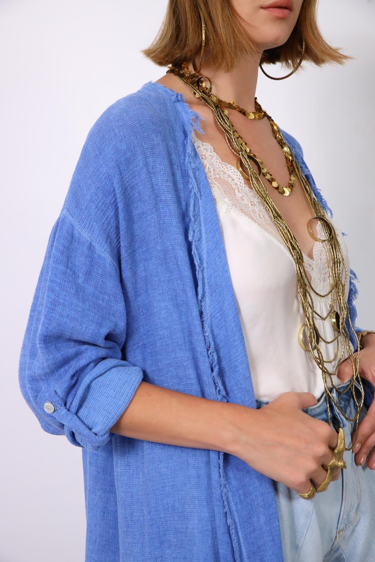  Mavi Saçak Detay Düz Kesim Kaftan