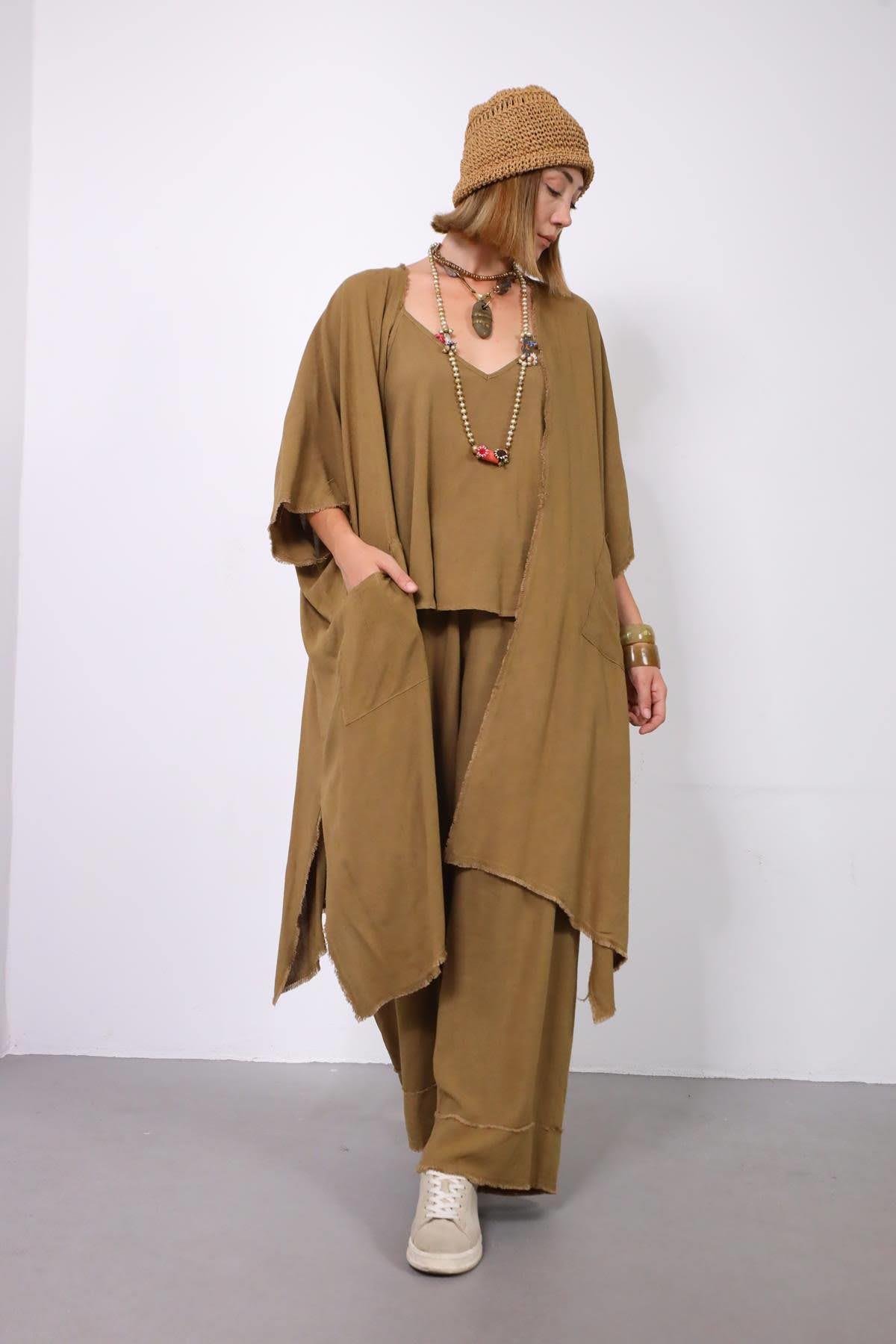  Zeytin Yeşili Püsküllü Salaş Kısa Kollu Kaftan