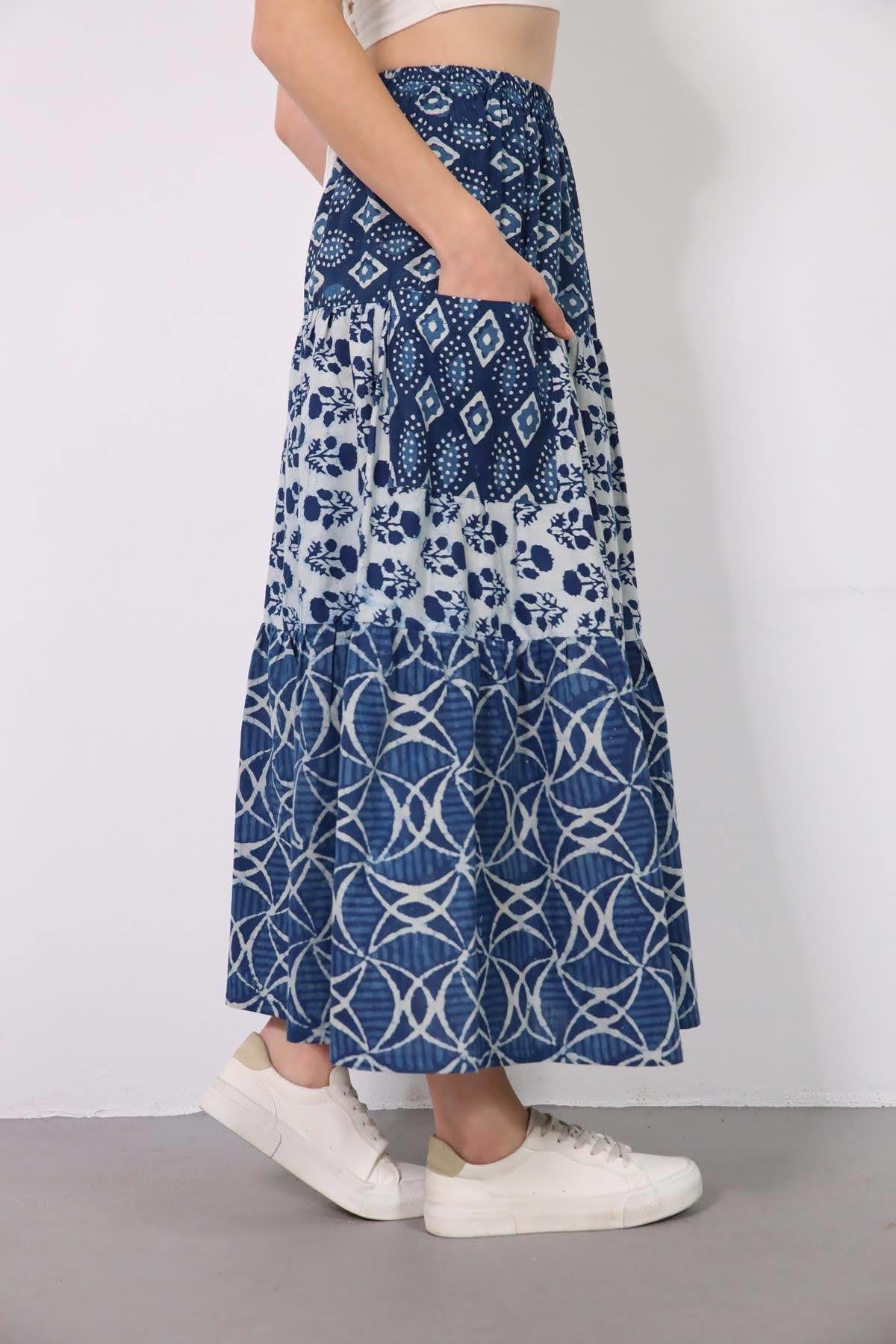 Mavi Cepli Otantik Parçalı Etek - Şaman Butik Mavi Cepli Otantik Parçalı Etek