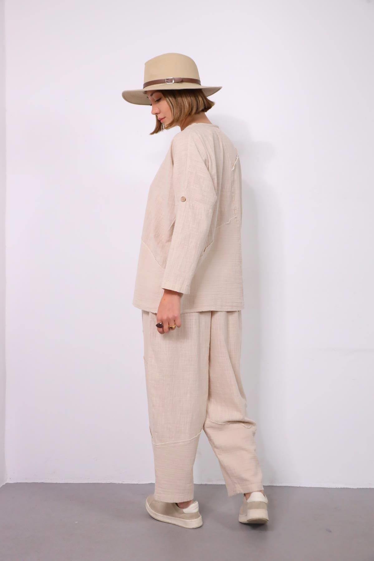  Krem Rengi Müslin Parçalı Dikişli Pantolon ve Bluz Takım