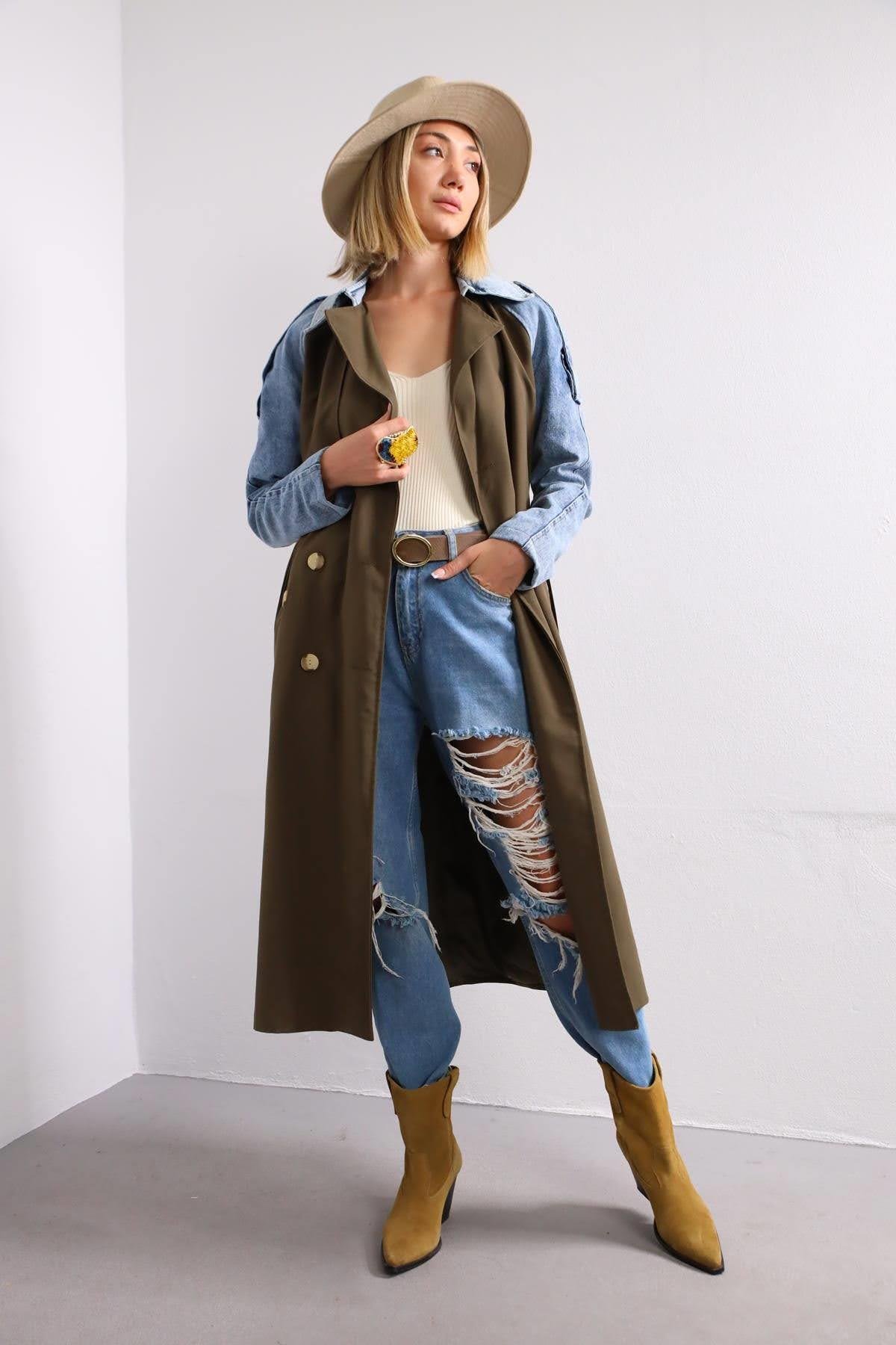  Haki Kolları Kot Detaylı Trençkot